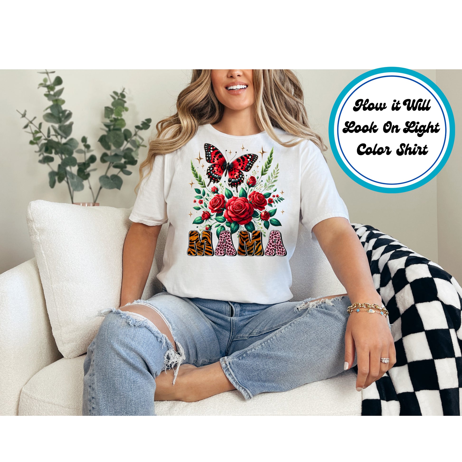 Butterfly & Roses Mama DTF transfer with red roses, butterfly, and animal print letters, perfect for Mother’s Day.