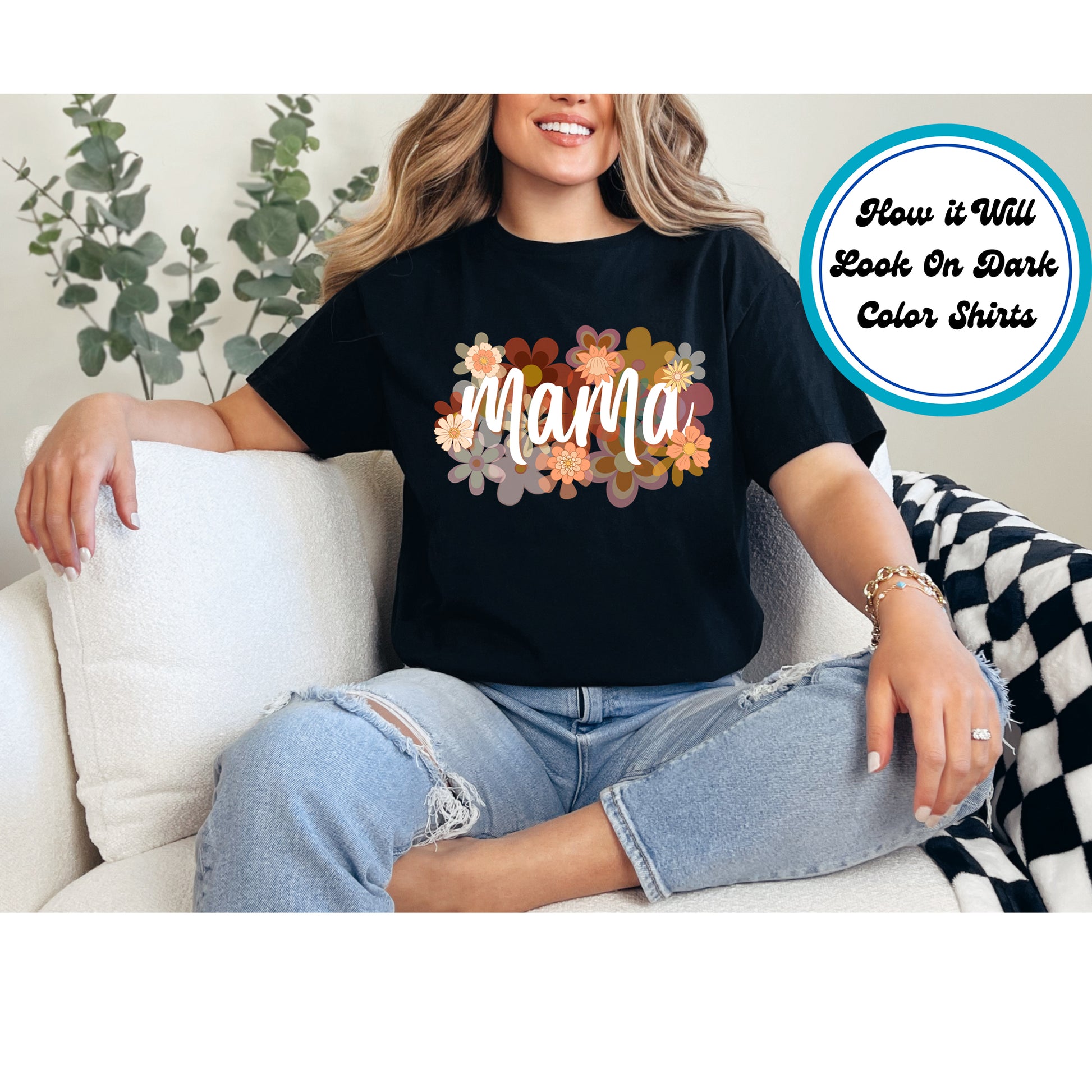 Retro Floral Mama DTF transfer with warm-toned flowers and script lettering, perfect for Mother’s Day.