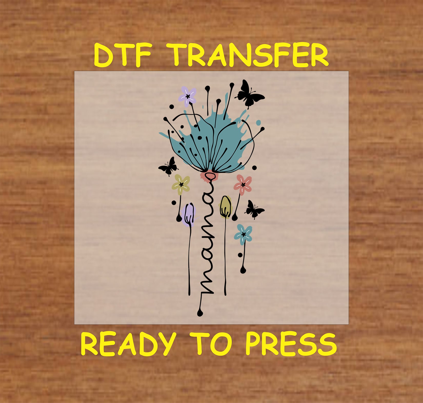 Minimalist Floral Mama DTF transfer with abstract flowers and butterflies, perfect for Mother’s Day.