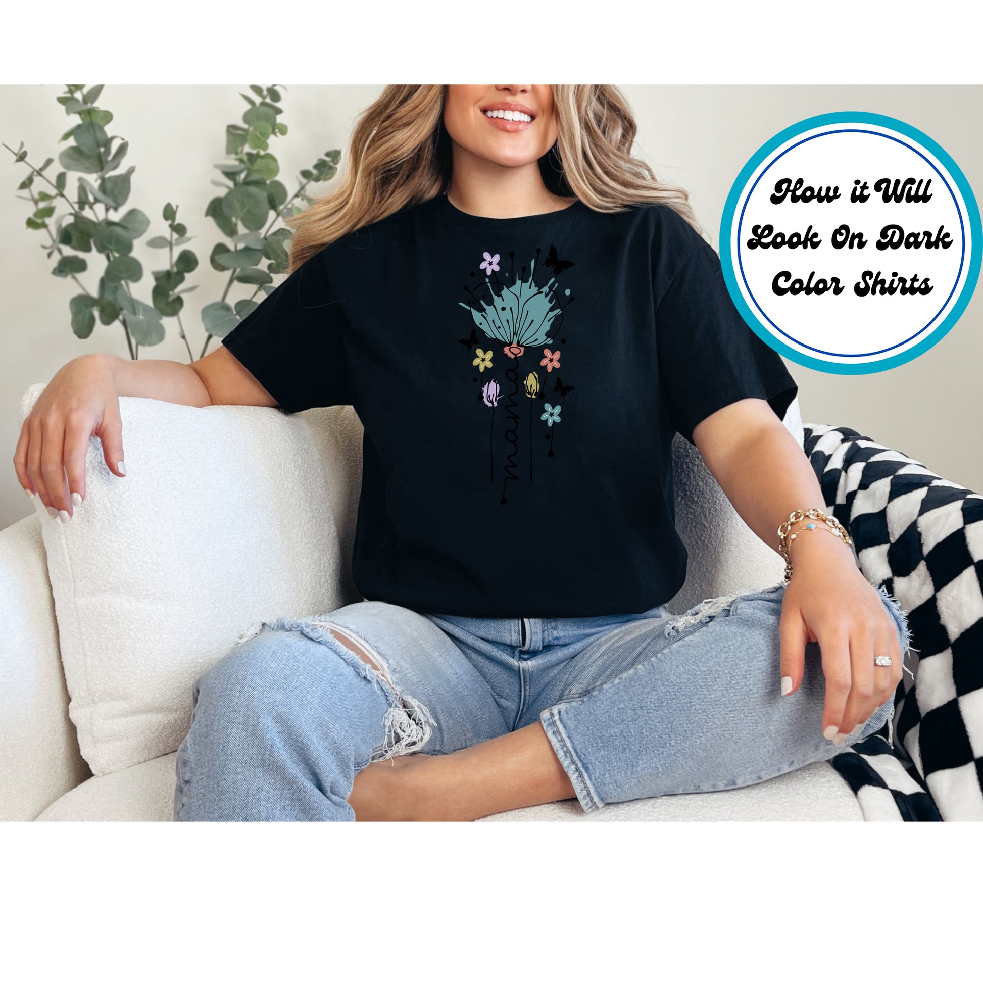 Minimalist Floral Mama DTF transfer with abstract flowers and butterflies, perfect for Mother’s Day.