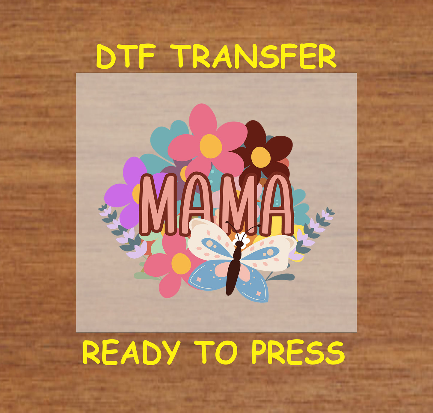 Boho Butterfly Mama DTF transfer with retro flowers and a colorful butterfly, perfect for Mother’s Day.