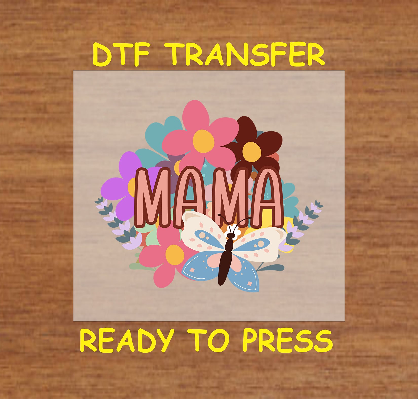 Boho Butterfly Mama DTF transfer with retro flowers and a colorful butterfly, perfect for Mother’s Day.