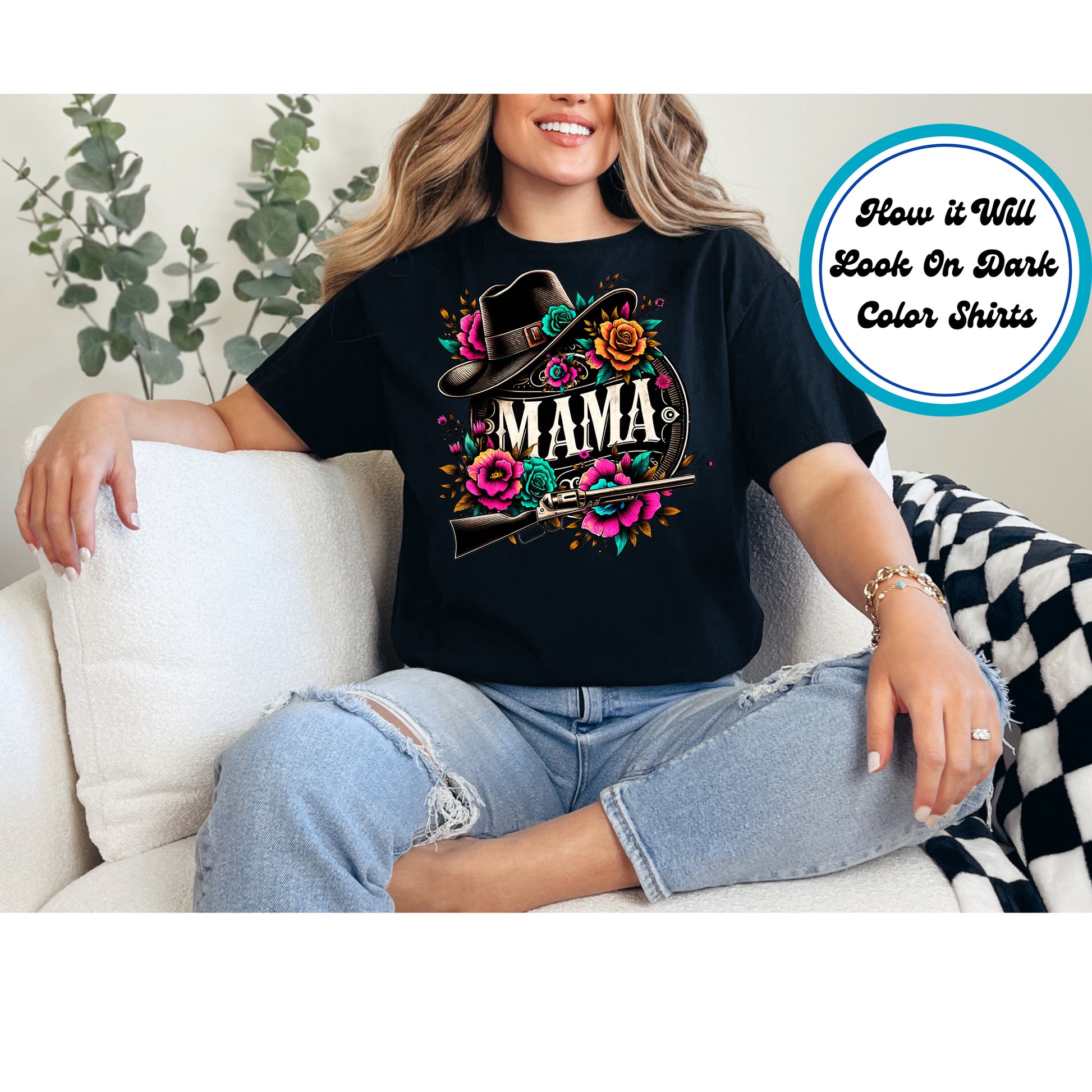 Western Mama DTF transfer with a cowboy hat, gun, and colorful flowers, perfect for Mother’s Day.