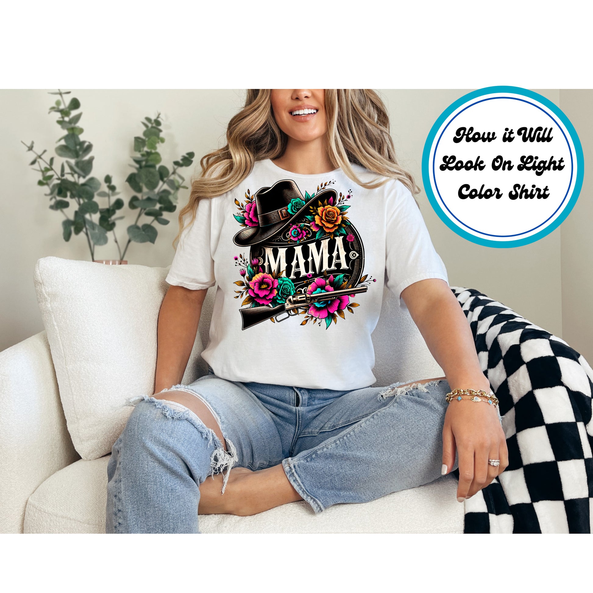 Western Mama DTF transfer with a cowboy hat, gun, and colorful flowers, perfect for Mother’s Day.