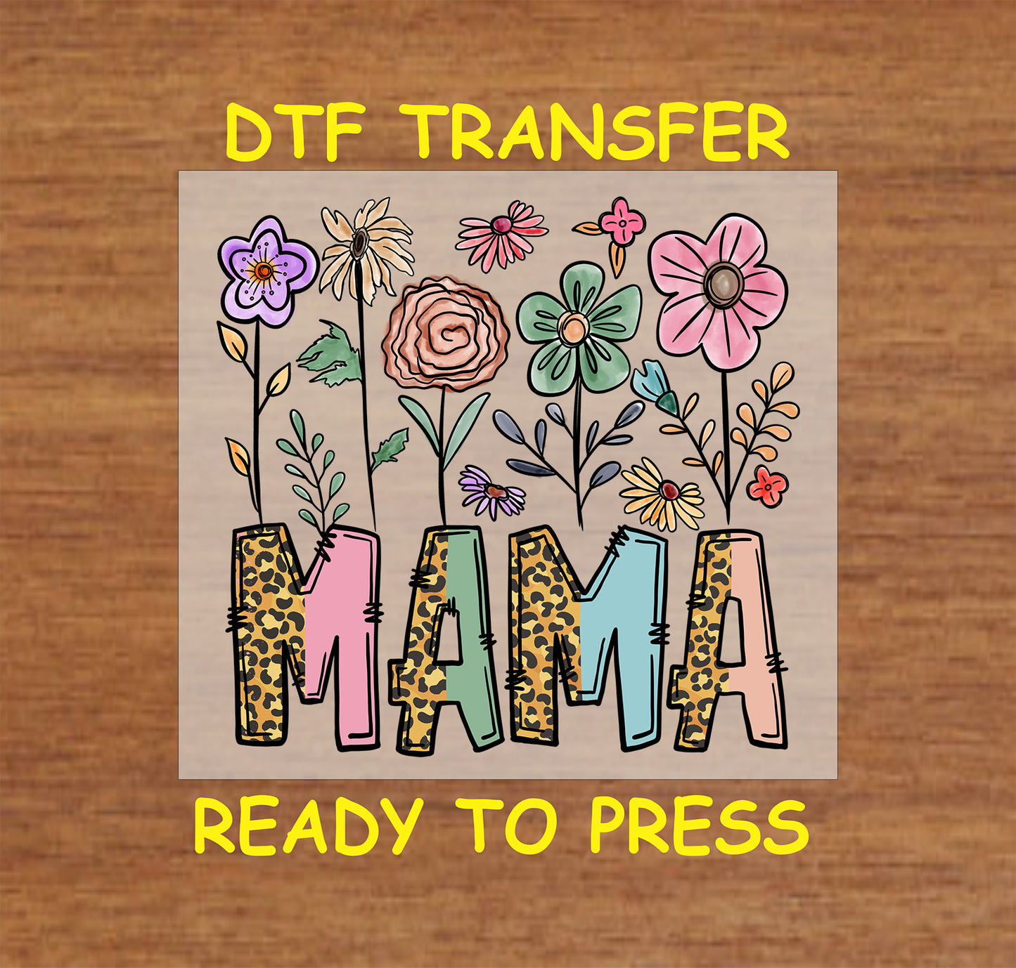 Boho Wildflower Mama DTF transfer with leopard print letters and pastel wildflowers, perfect for Mother’s Day.