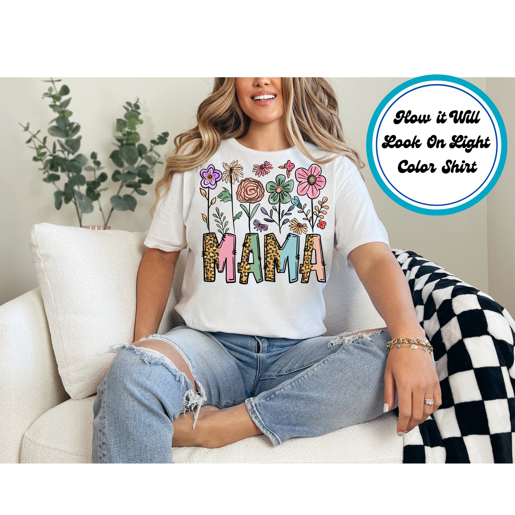 Boho Wildflower Mama DTF transfer with leopard print letters and pastel wildflowers, perfect for Mother’s Day.
