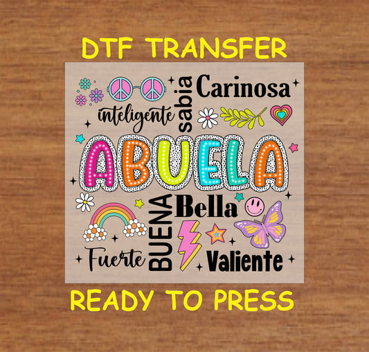 Abuela Colorful Word Art DTF transfer with playful text, bright colors, and Spanish words, perfect for grandmothers.