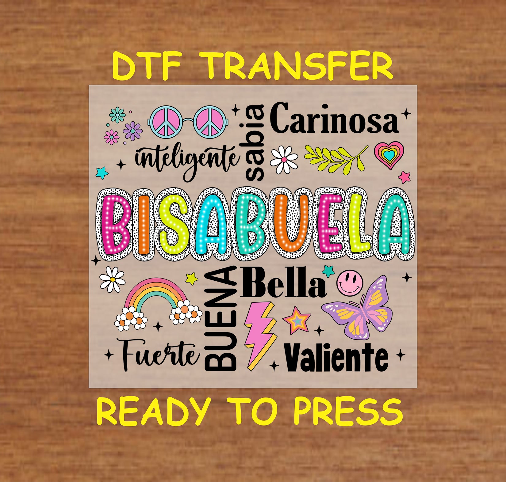 Bisabuela Colorful Word Art DTF transfer with playful text, bright colors, and Spanish words, perfect for great-grandmothers.