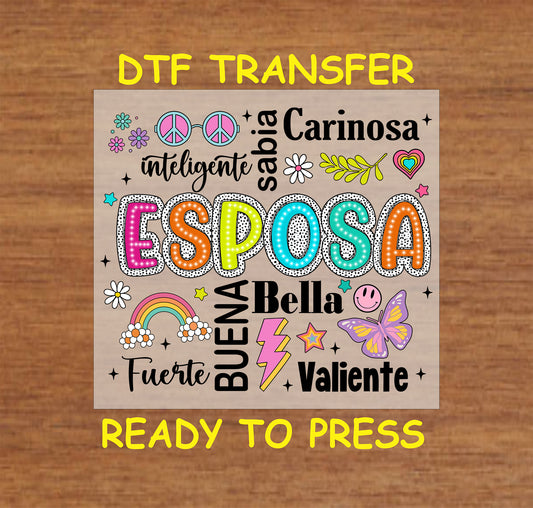 Esposa Colorful Word Art DTF transfer with playful text, bright colors, and Spanish words, perfect for wives.