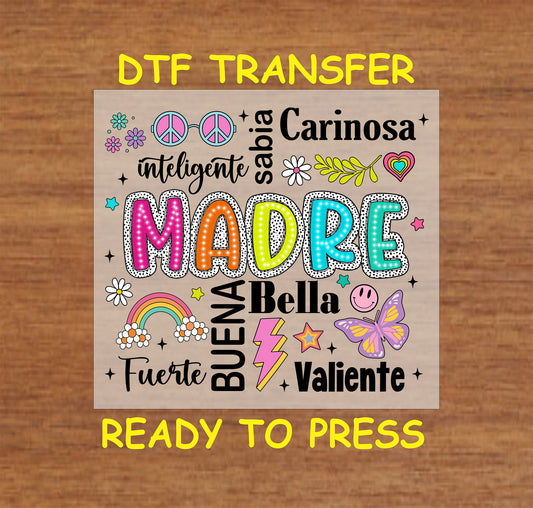 Madre Colorful Word Art DTF transfer with bright colors and Spanish words, perfect for Mother’s Day.