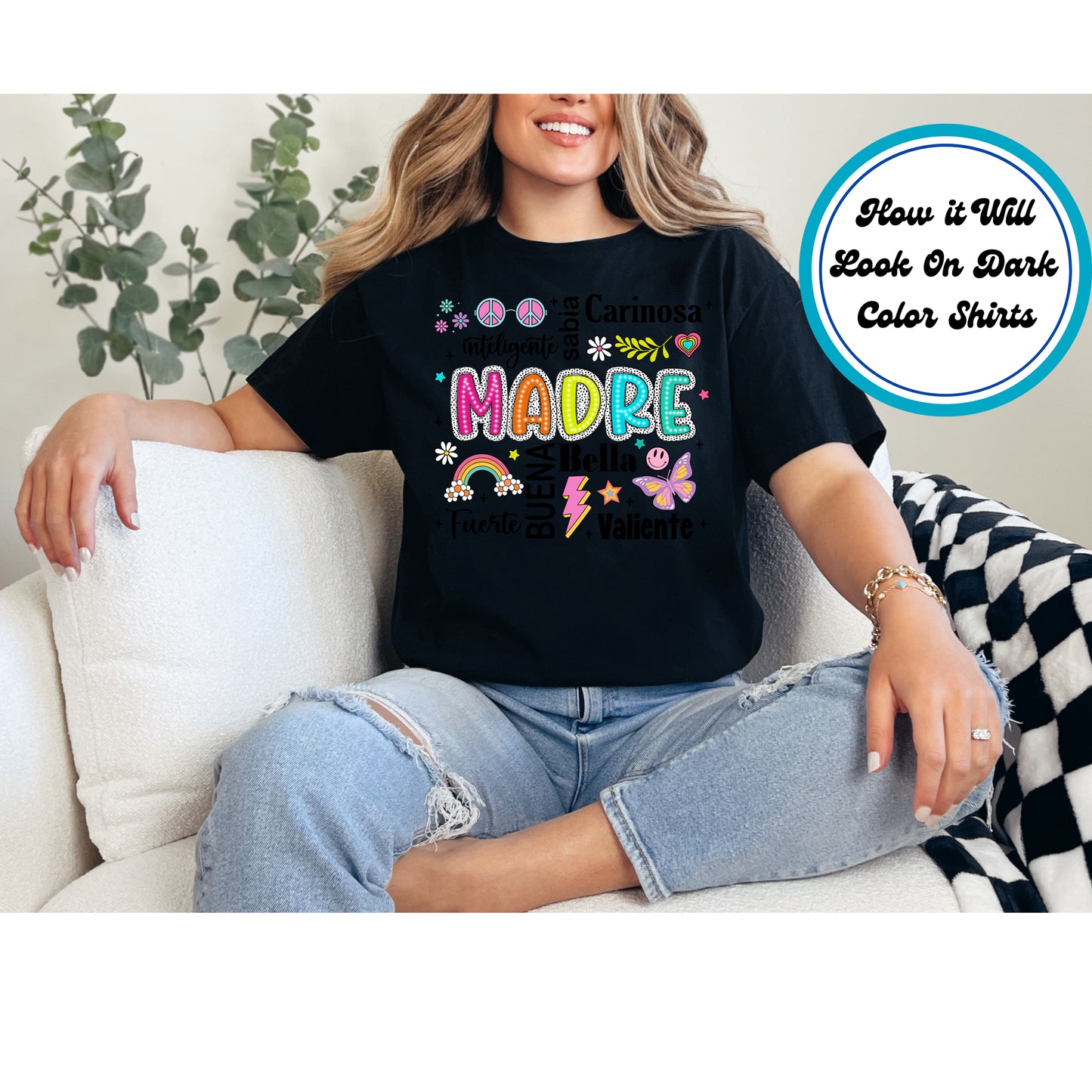 Madre Colorful Word Art DTF transfer with bright colors and Spanish words, perfect for Mother’s Day.