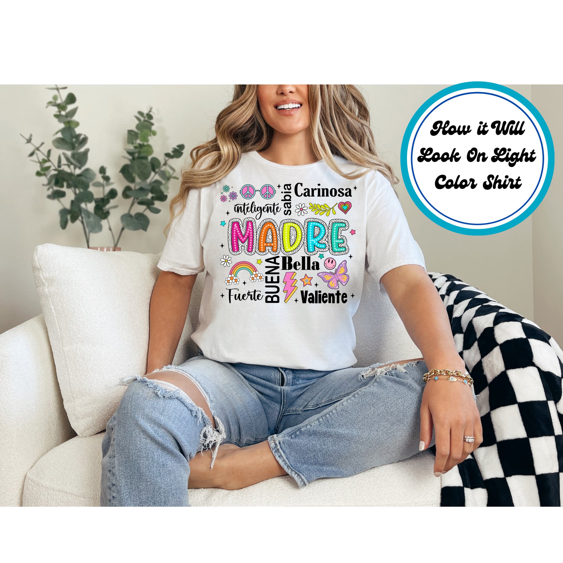 Madre Colorful Word Art DTF transfer with bright colors and Spanish words, perfect for Mother’s Day.