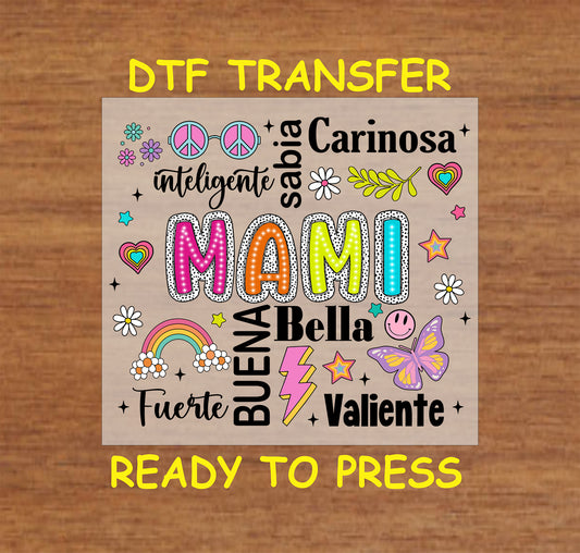 Mami Colorful Word Art DTF transfer with bright colors and Spanish words, perfect for Mother’s Day.