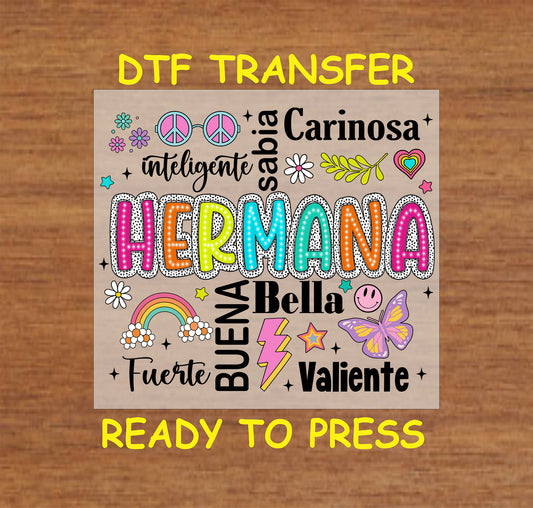 Hermana Colorful Word Art DTF transfer with bright colors and Spanish words, perfect for sisters.