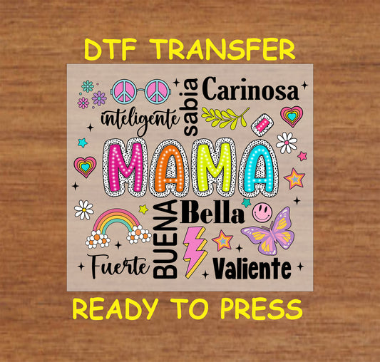 Mamá Colorful Word Art DTF transfer with bright colors and Spanish words, perfect for Mother’s Day.