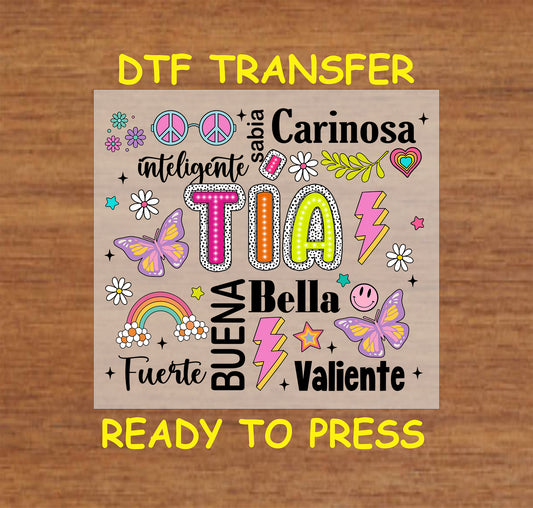 Tía Colorful Word Art DTF transfer with bright colors and Spanish words, perfect for aunts.