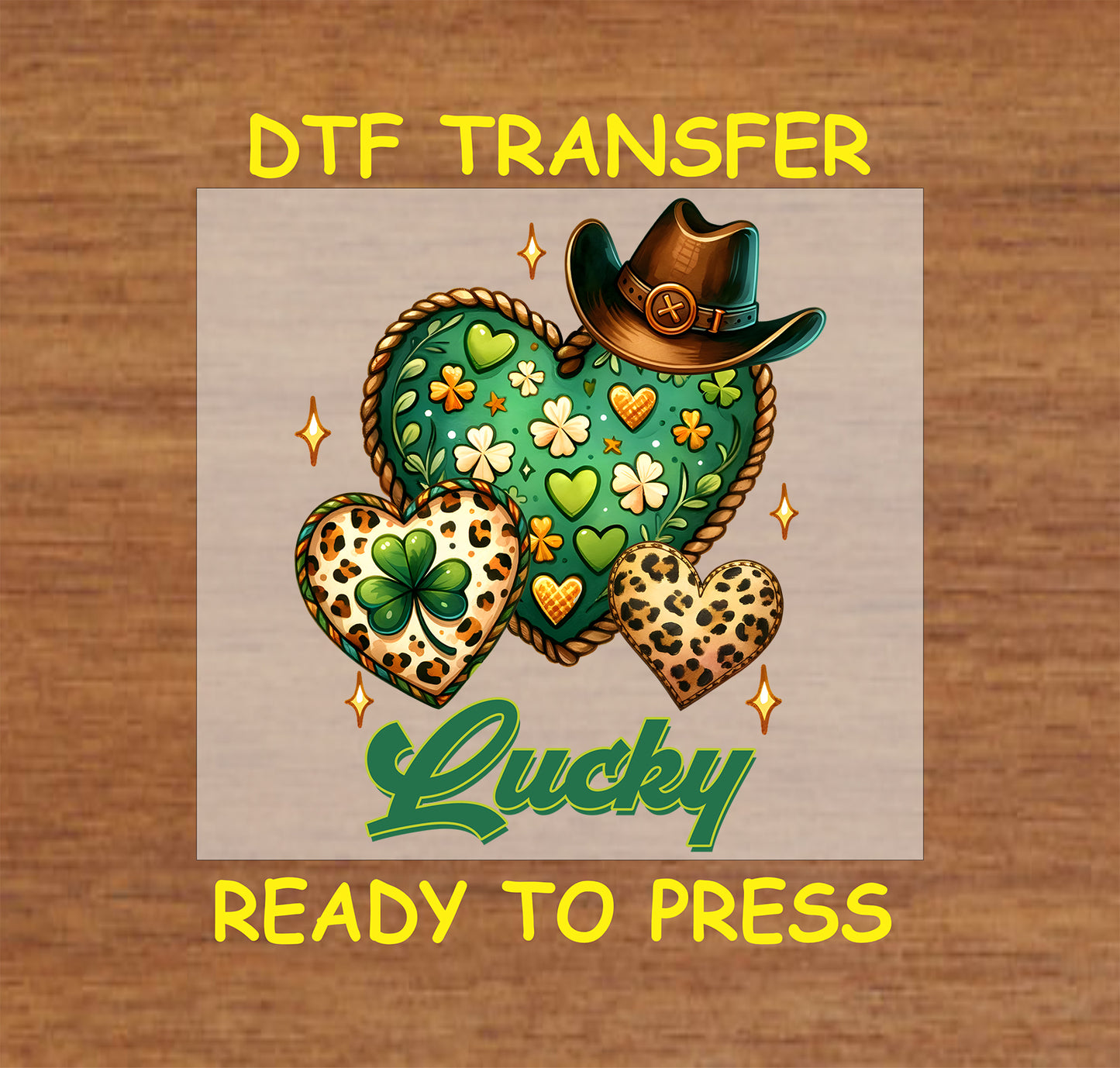 St. Patrick’s Day DTF transfer with shamrock-filled hearts, leopard print, rope design, and a cowboy hat.