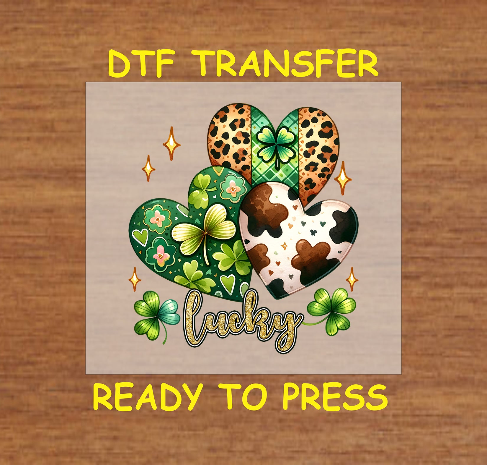 St. Patrick’s Day DTF transfer with patterned hearts, shamrocks, and sparkling accents.