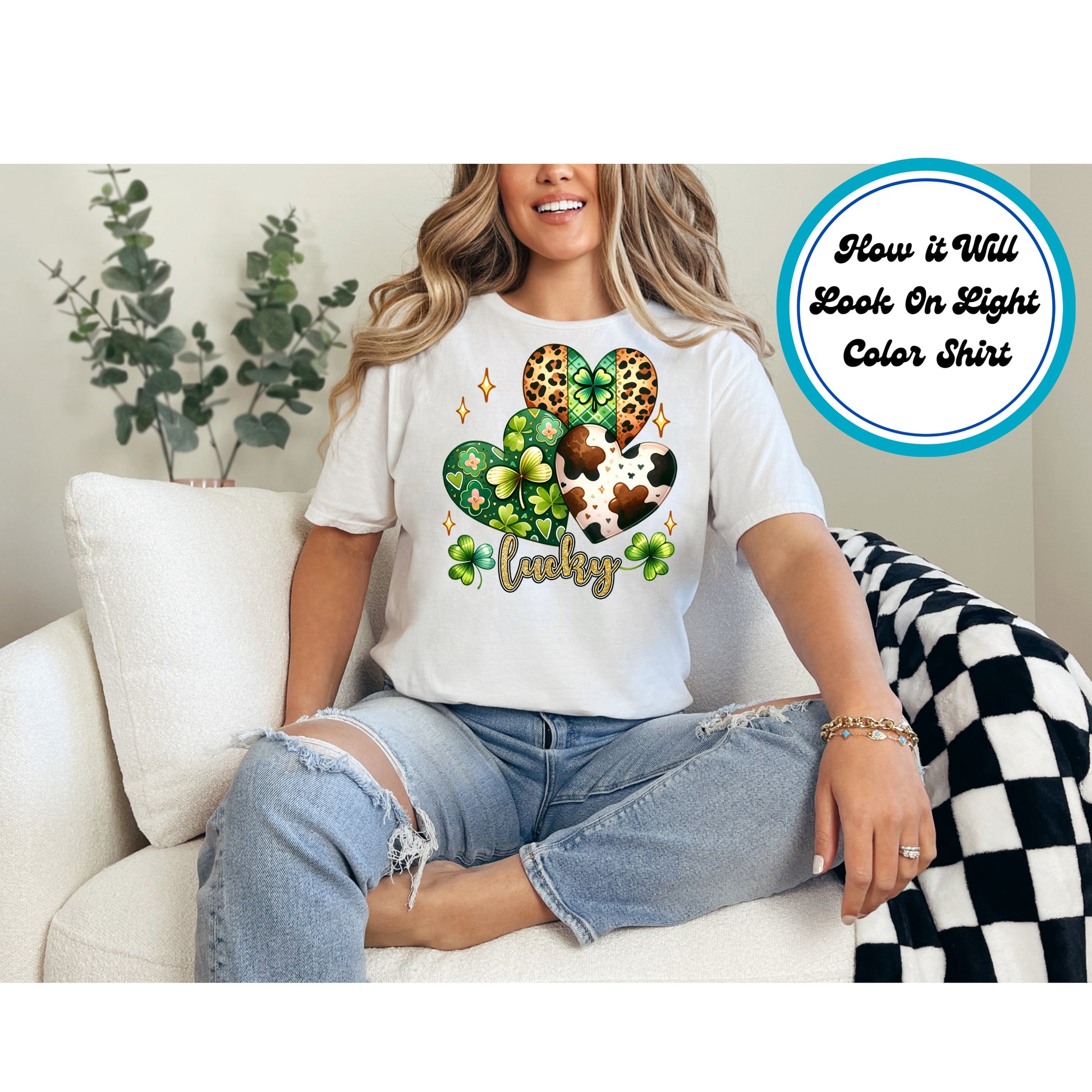 St. Patrick’s Day DTF transfer with patterned hearts, shamrocks, and sparkling accents.