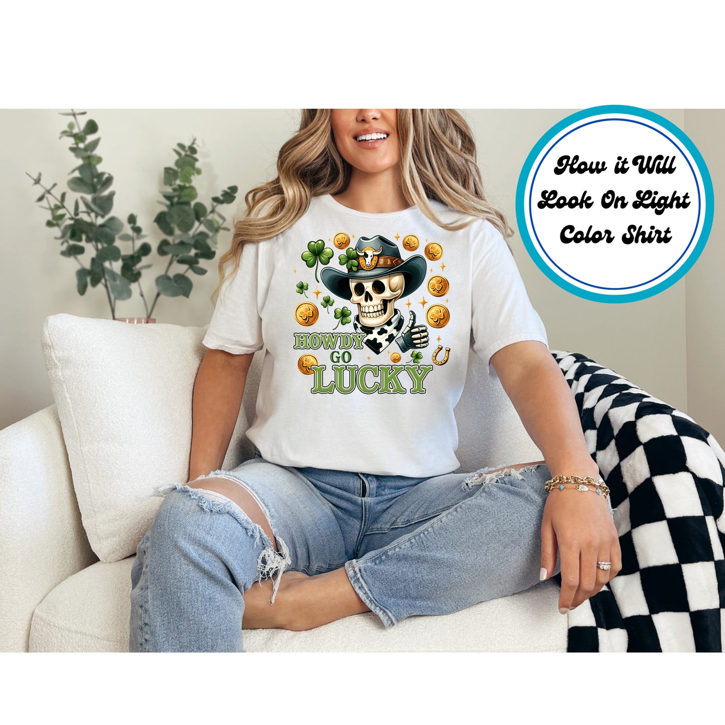 St. Patrick’s Day DTF transfer featuring a cowboy skull, shamrocks, and gold coins.