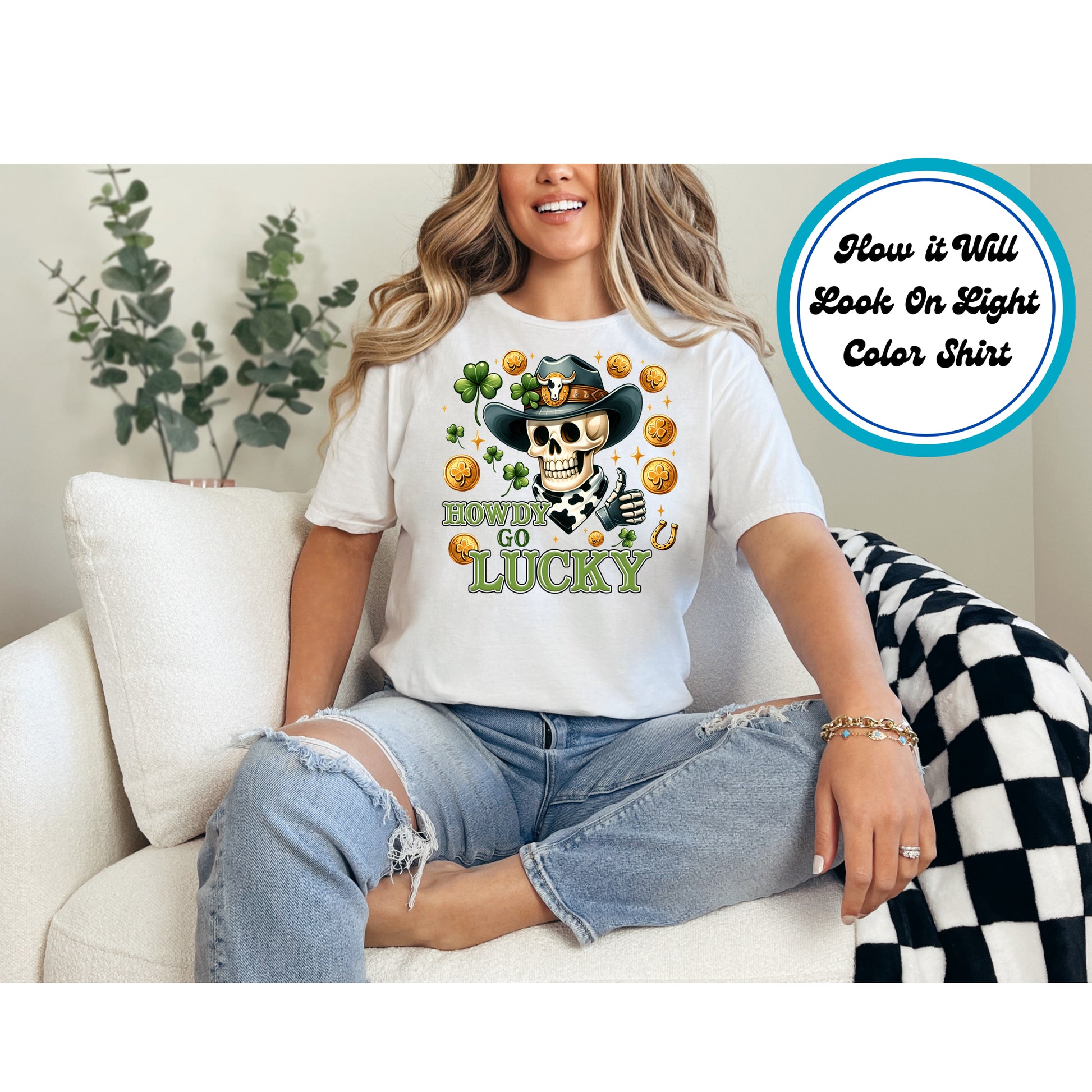 St. Patrick’s Day DTF transfer featuring a cowboy skull, shamrocks, and gold coins.