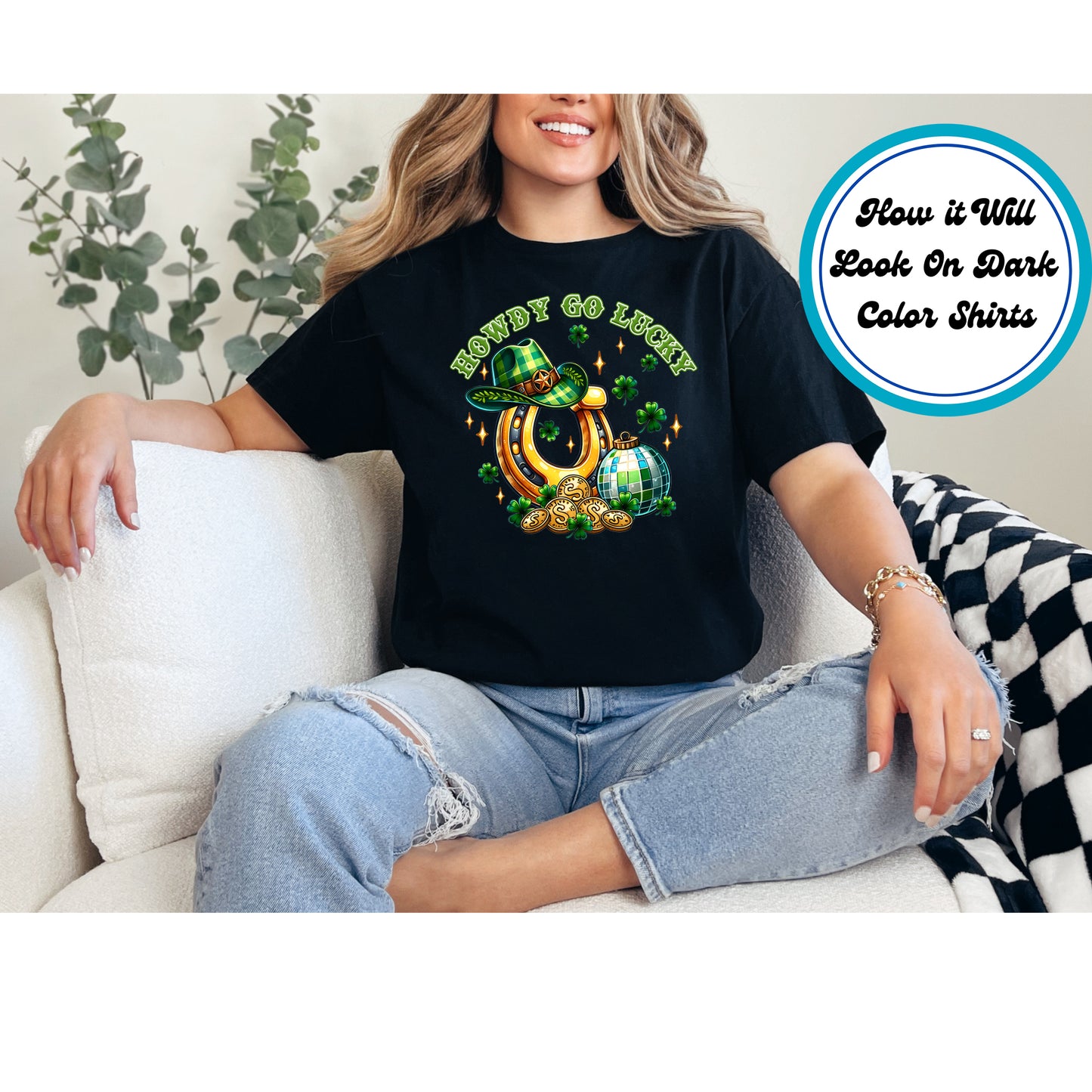 St. Patrick’s Day-themed DTF transfer featuring a horseshoe, cowboy hat, disco ball, and shamrocks with "Howdy Go Lucky" text.