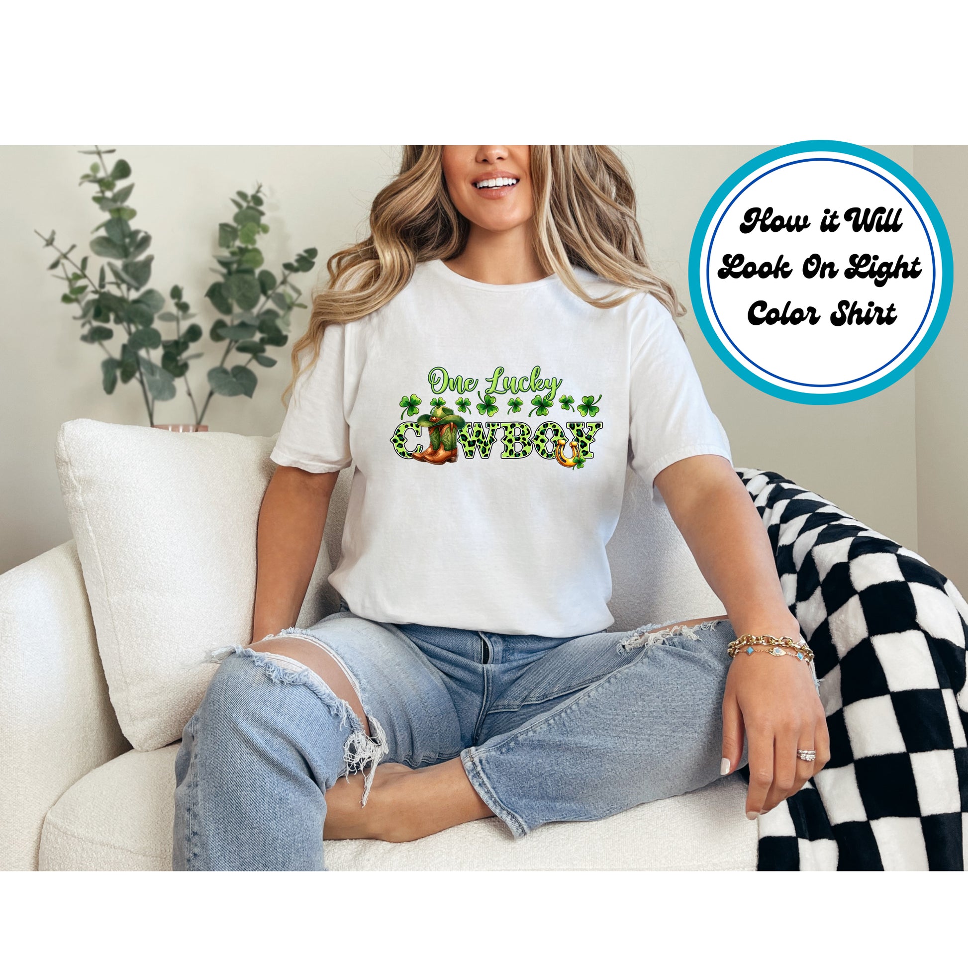 St. Patrick’s Day DTF transfer featuring "One Lucky Cowboy" text with a cowboy boot, hat, shamrocks, and horseshoe.