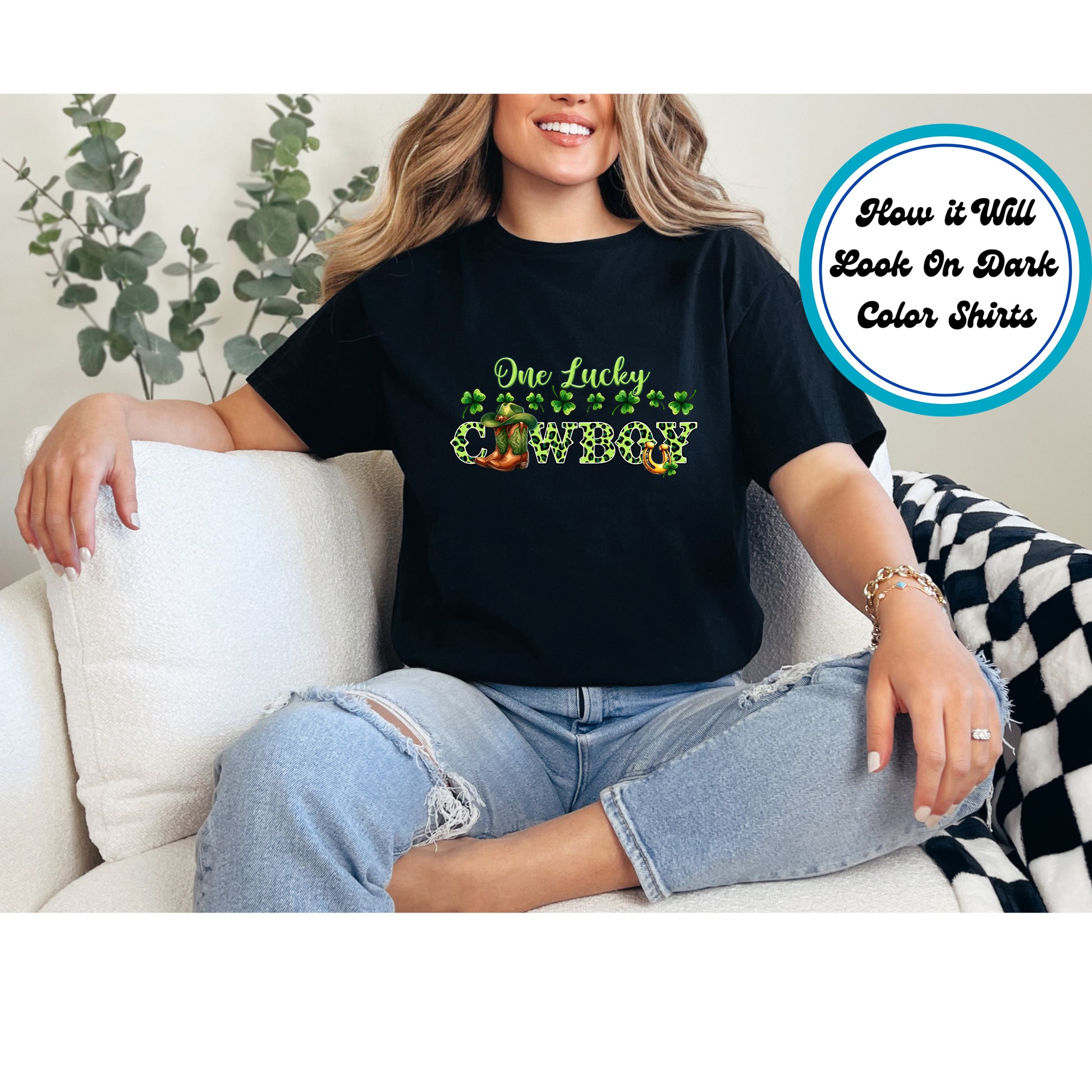 St. Patrick’s Day DTF transfer featuring "One Lucky Cowboy" text with a cowboy boot, hat, shamrocks, and horseshoe.