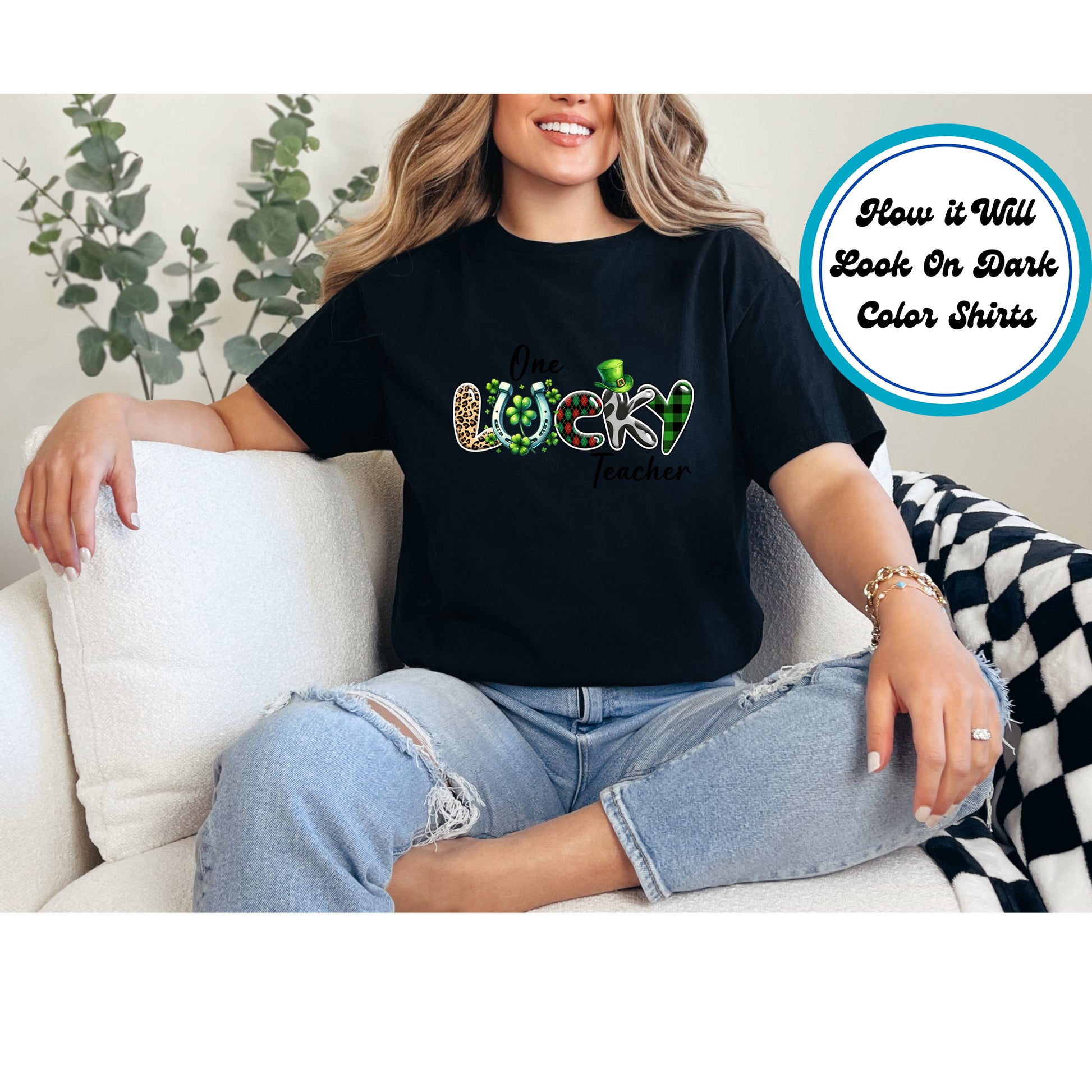 St. Patrick’s Day DTF transfer with "One Lucky Teacher" text, shamrocks, plaid, leopard print, and a lucky horseshoe.