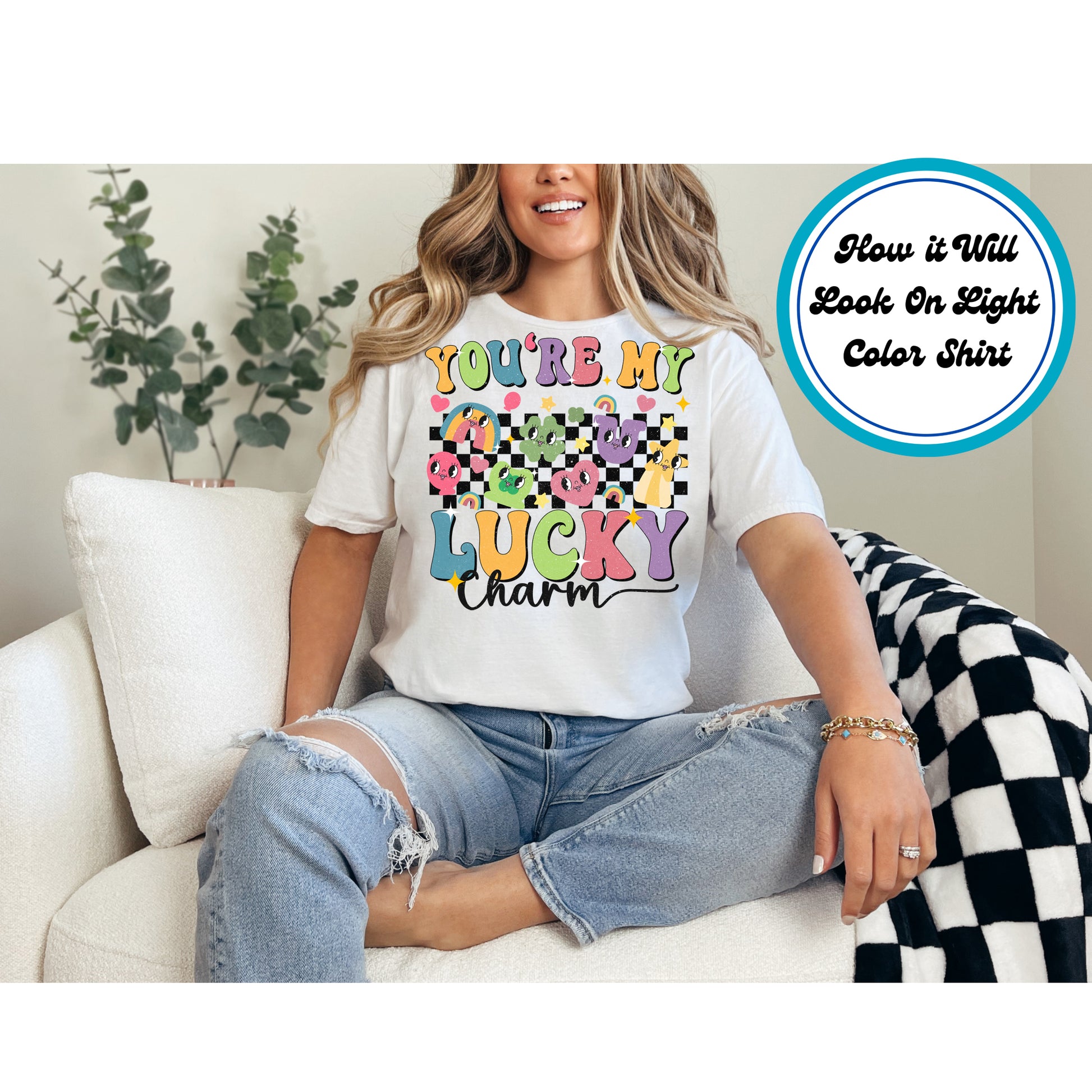 St. Patrick’s Day kids DTF transfer with "You're My Lucky Charm" text, colorful characters, checkered background, and rainbow accents.