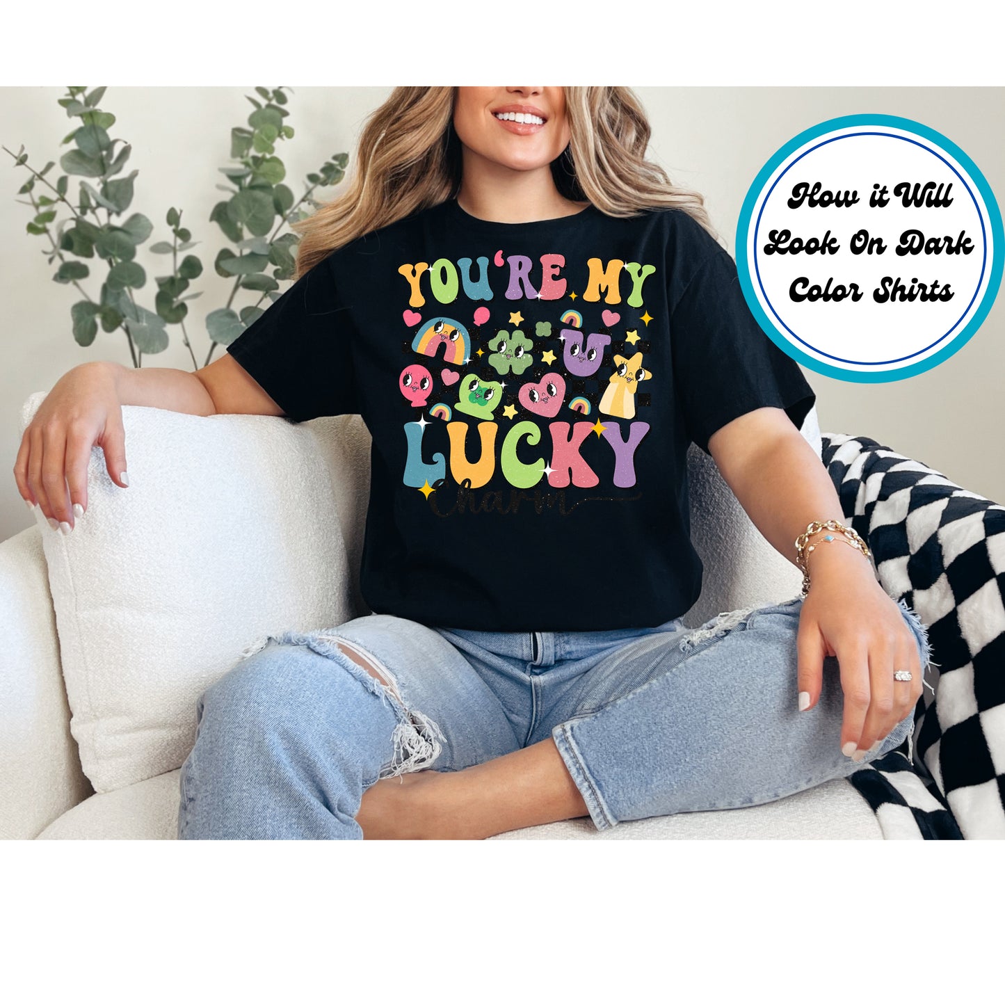 St. Patrick’s Day kids DTF transfer with "You're My Lucky Charm" text, colorful characters, checkered background, and rainbow accents.