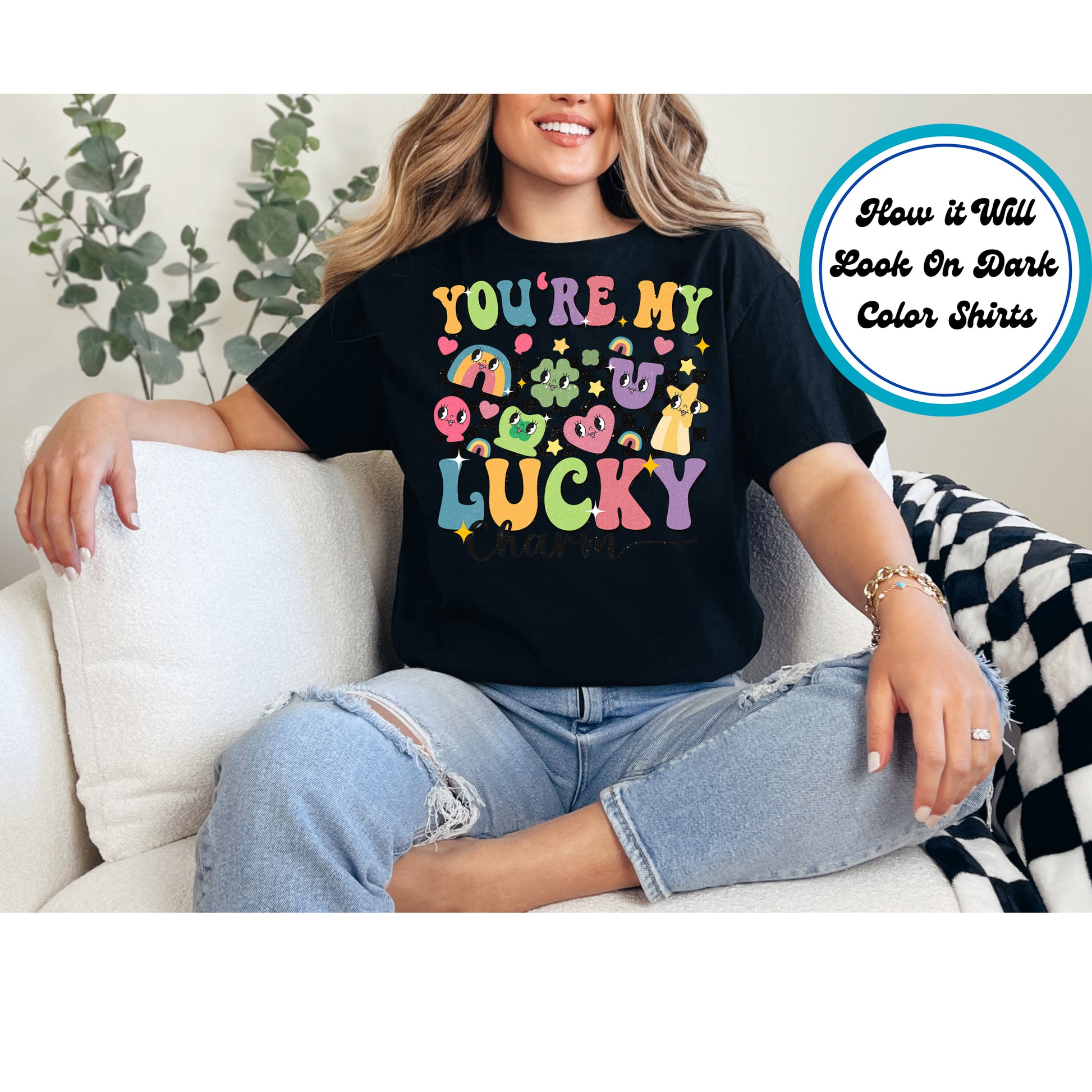 St. Patrick’s Day kids DTF transfer with "You're My Lucky Charm" text, colorful characters, checkered background, and rainbow accents.
