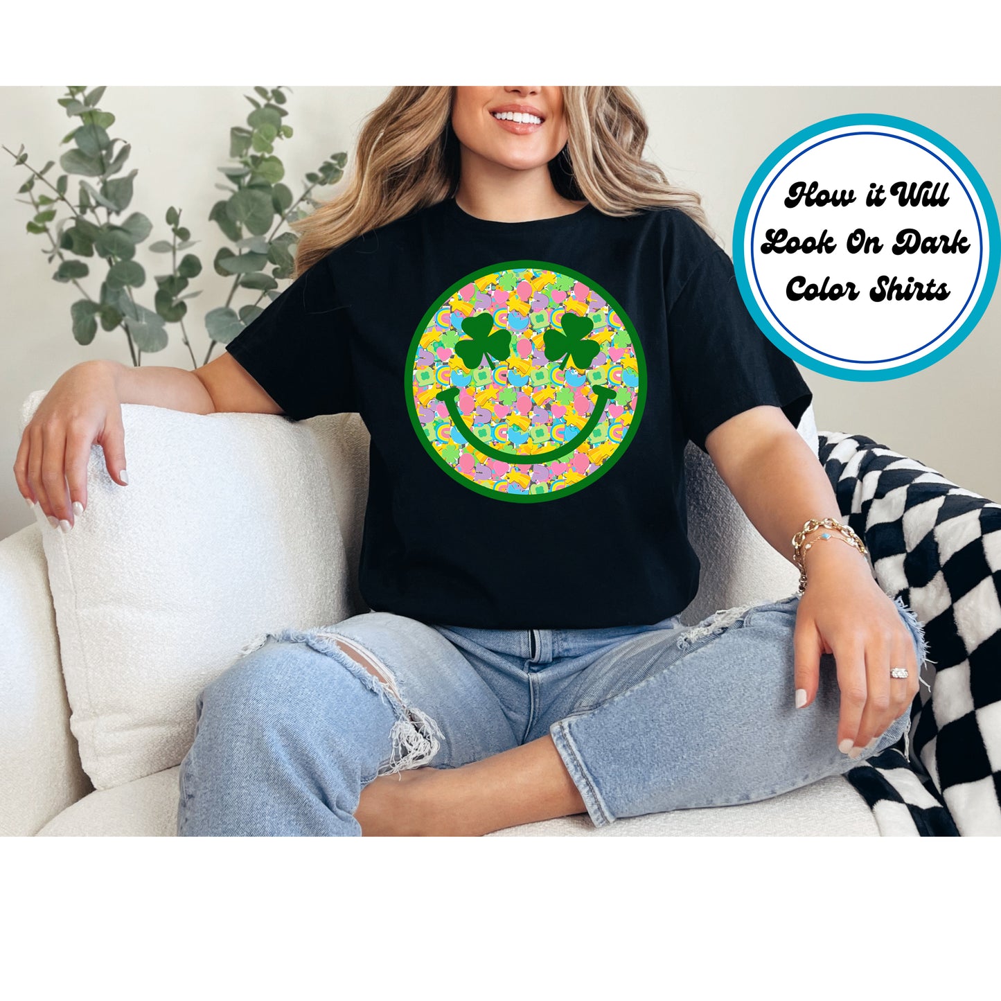 St. Patrick’s Day kids DTF transfer with a clover-eyed smiley face filled with colorful shamrocks, rainbows, hearts, and stars.