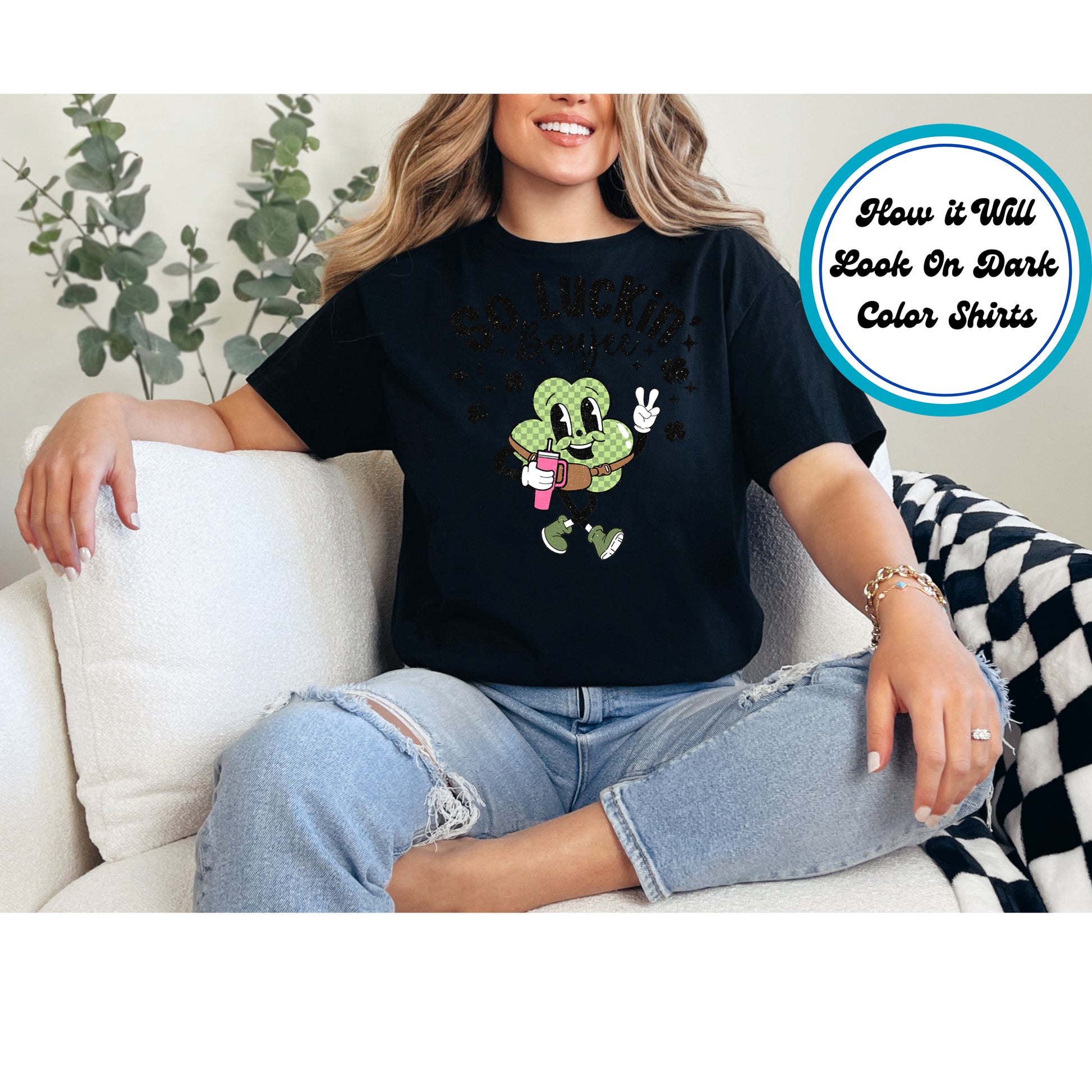 St. Patrick’s Day kids DTF transfer with a stylish shamrock character, tumbler, and crossbody bag, featuring the phrase “So Luckin’ Boujee.”