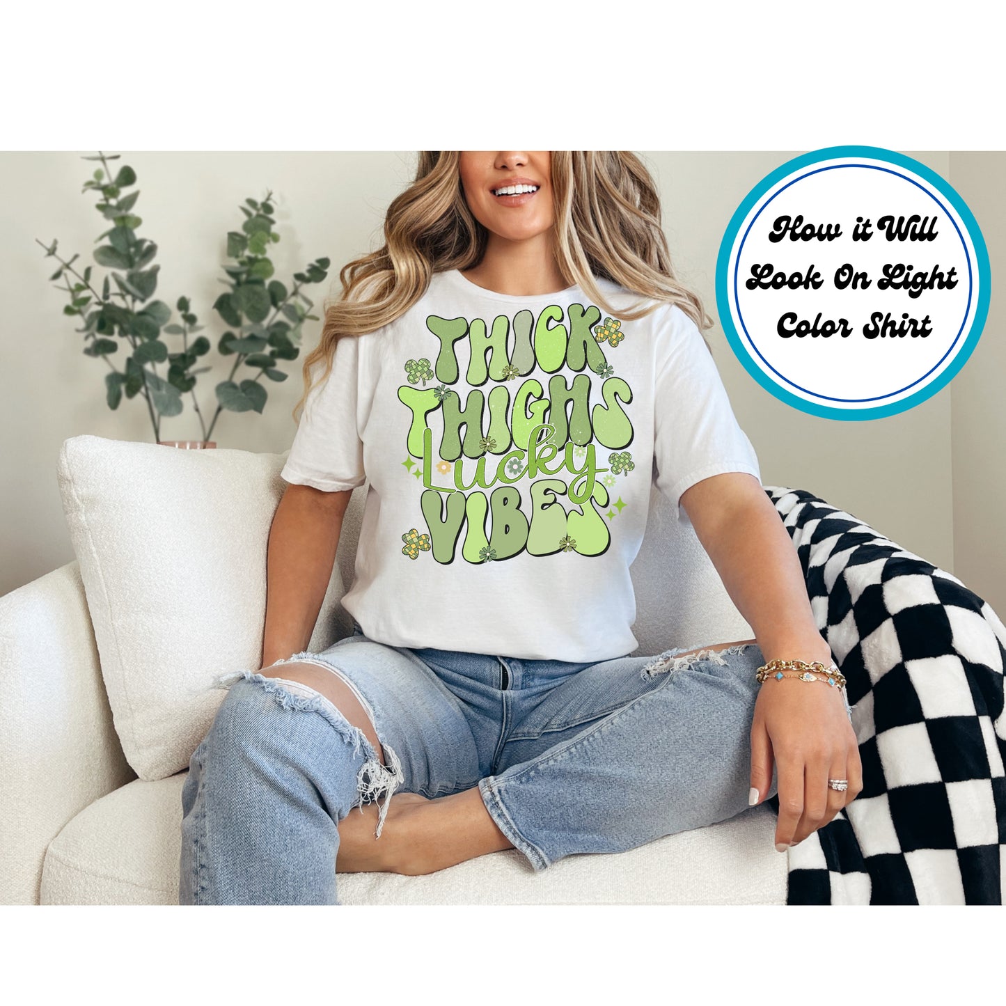 St. Patrick’s Day DTF transfer with bold green text reading “Thick Thighs Lucky Vibes,” decorated with shamrocks and sparkles.