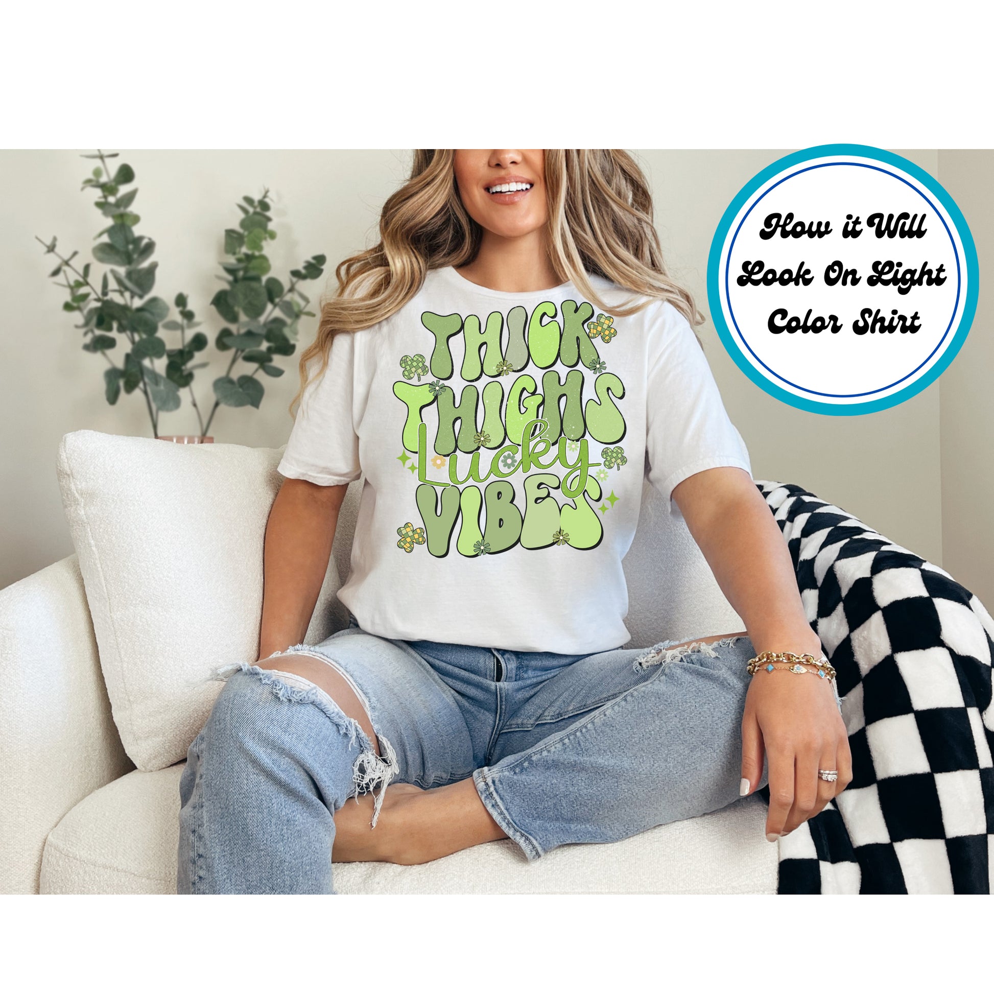 St. Patrick’s Day DTF transfer with bold green text reading “Thick Thighs Lucky Vibes,” decorated with shamrocks and sparkles.