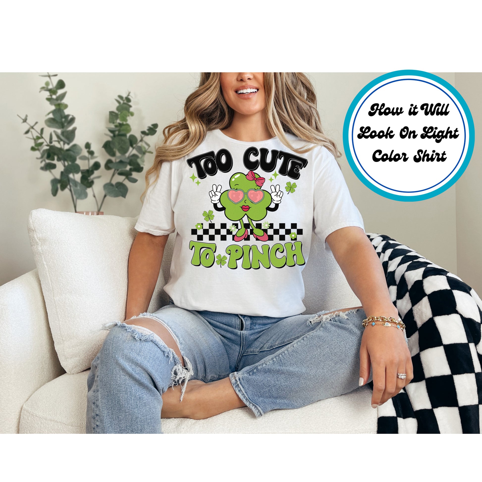 St. Patrick’s Day DTF transfer featuring a shamrock character with heart-shaped glasses, a bow, and heels, with “Too Cute to Pinch” text.