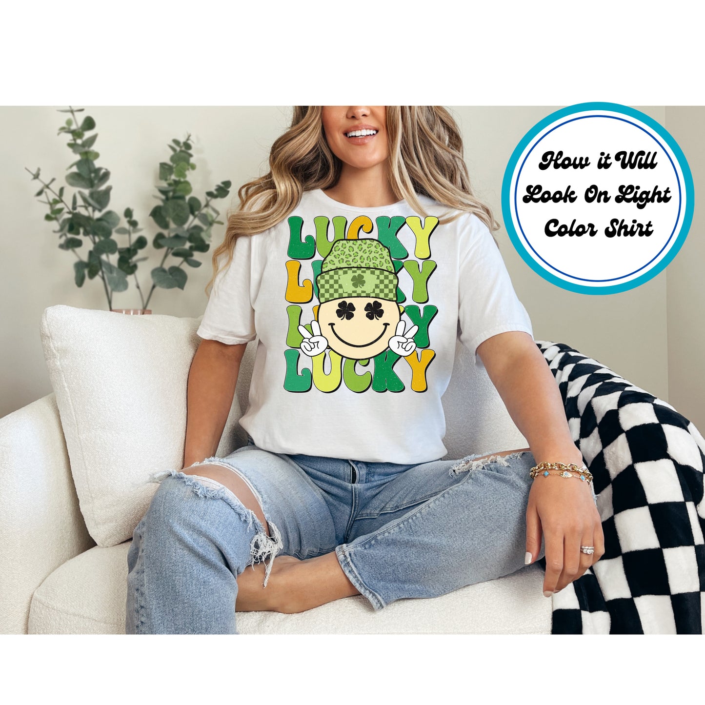 St. Patrick’s Day DTF transfer featuring a smiley face with shamrock eyes, a green checkered beanie, and bold “LUCKY” text in vibrant colors.