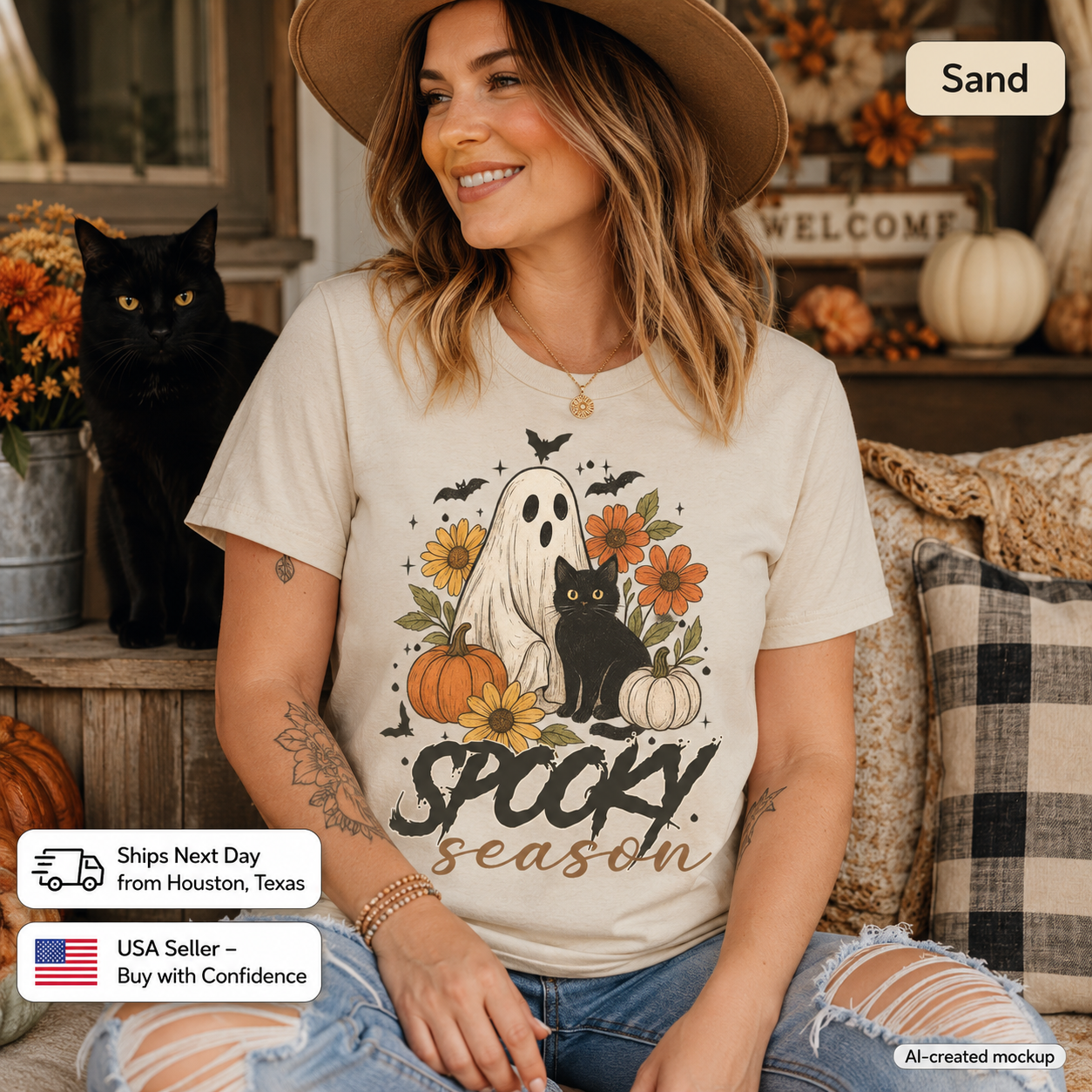 A woman wearing a beige graphic t-shirt with a 'Spooky Season' Halloween print, sitting in a cozy fall-themed room with a black cat on her shoulder. The t-shirt features a ghost, black cat, pumpkins, and autumn leaves on a sand-colored background.