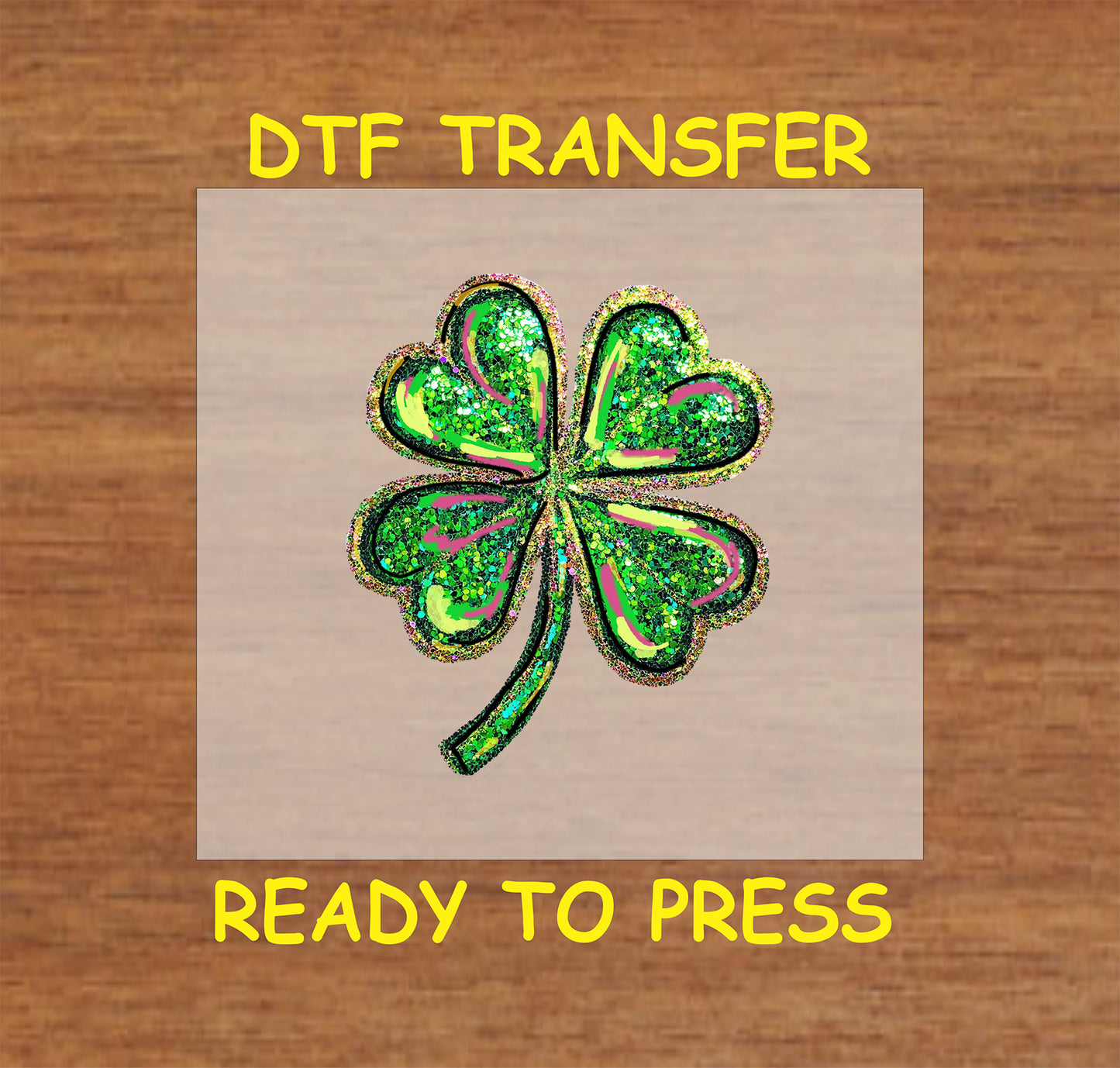 Glitter-style green shamrock St. Patrick’s Day DTF transfer.