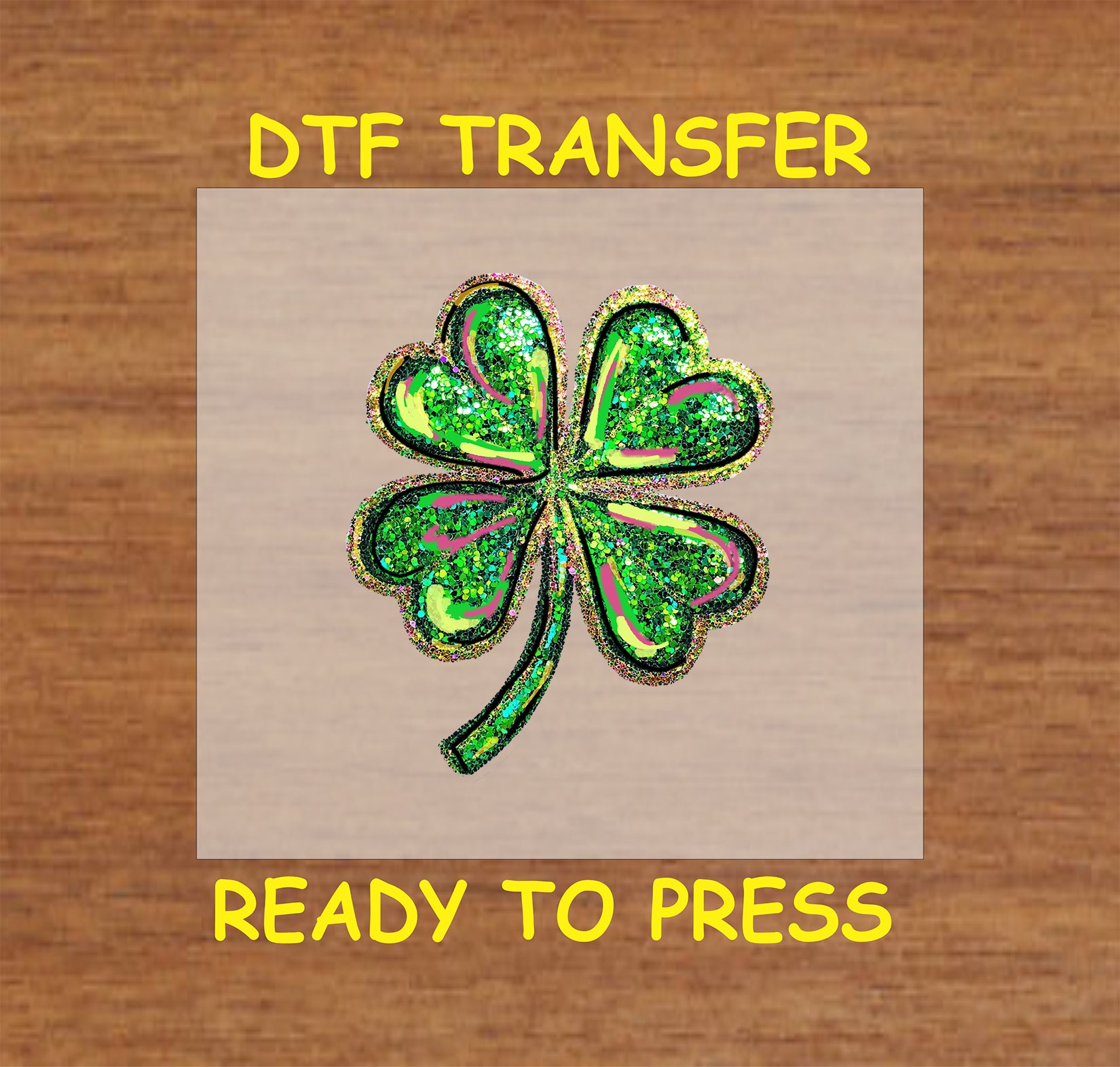 Glitter-style green shamrock St. Patrick’s Day DTF transfer.