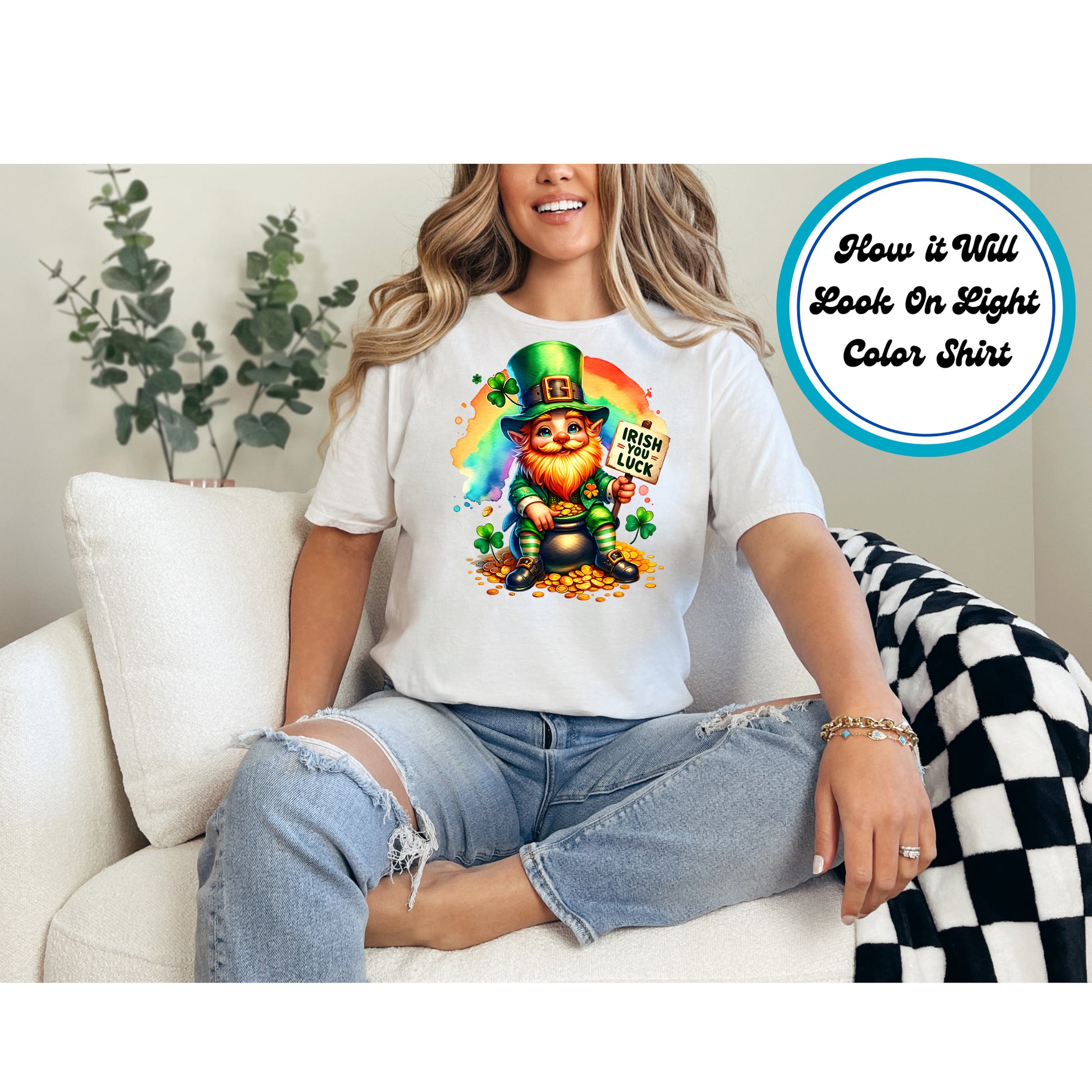  Leprechaun sitting on a pot of gold holding an “Irish You Luck” sign with a rainbow background.