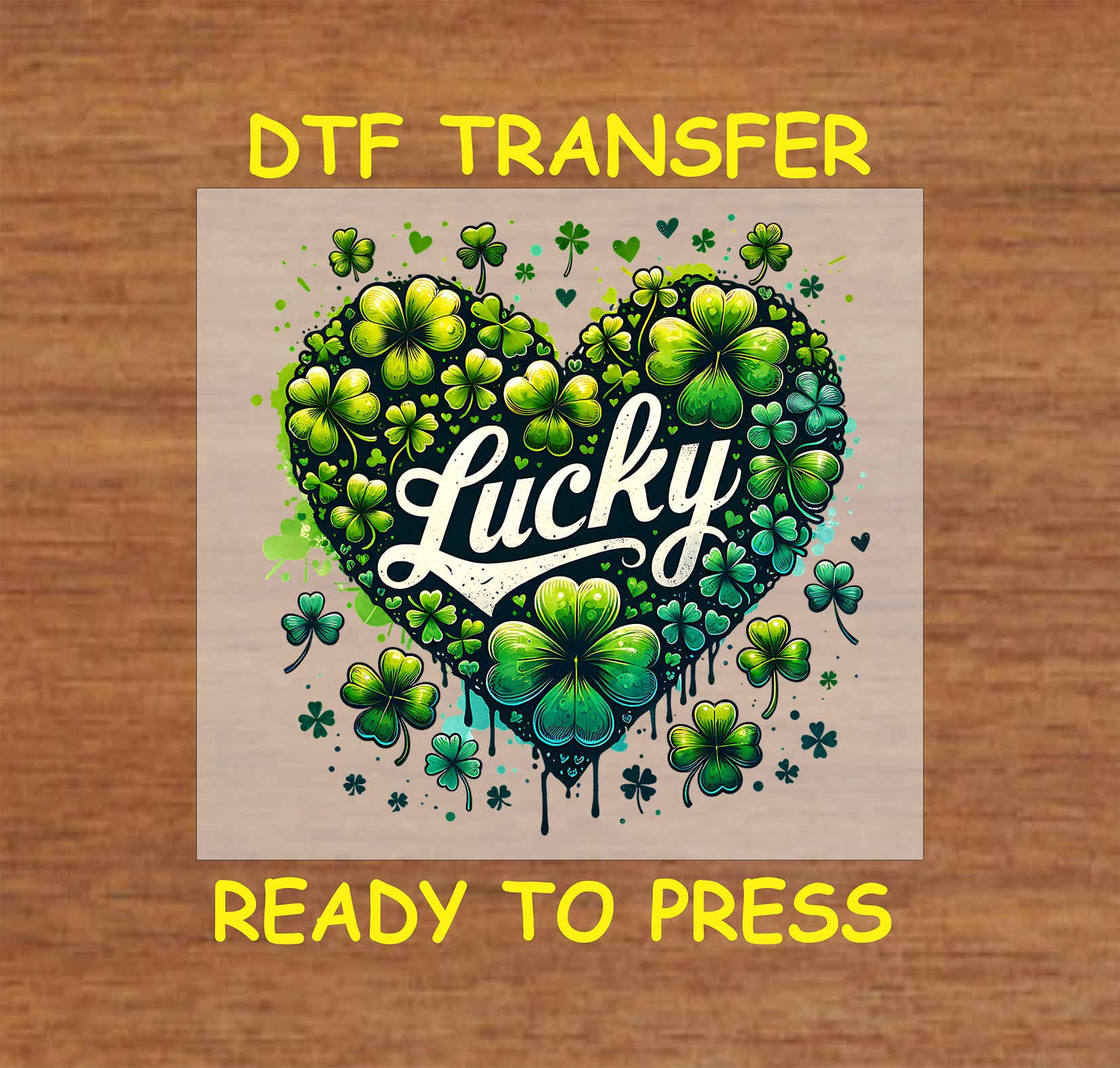 Heart-shaped cluster of green shamrocks with "Lucky" text.