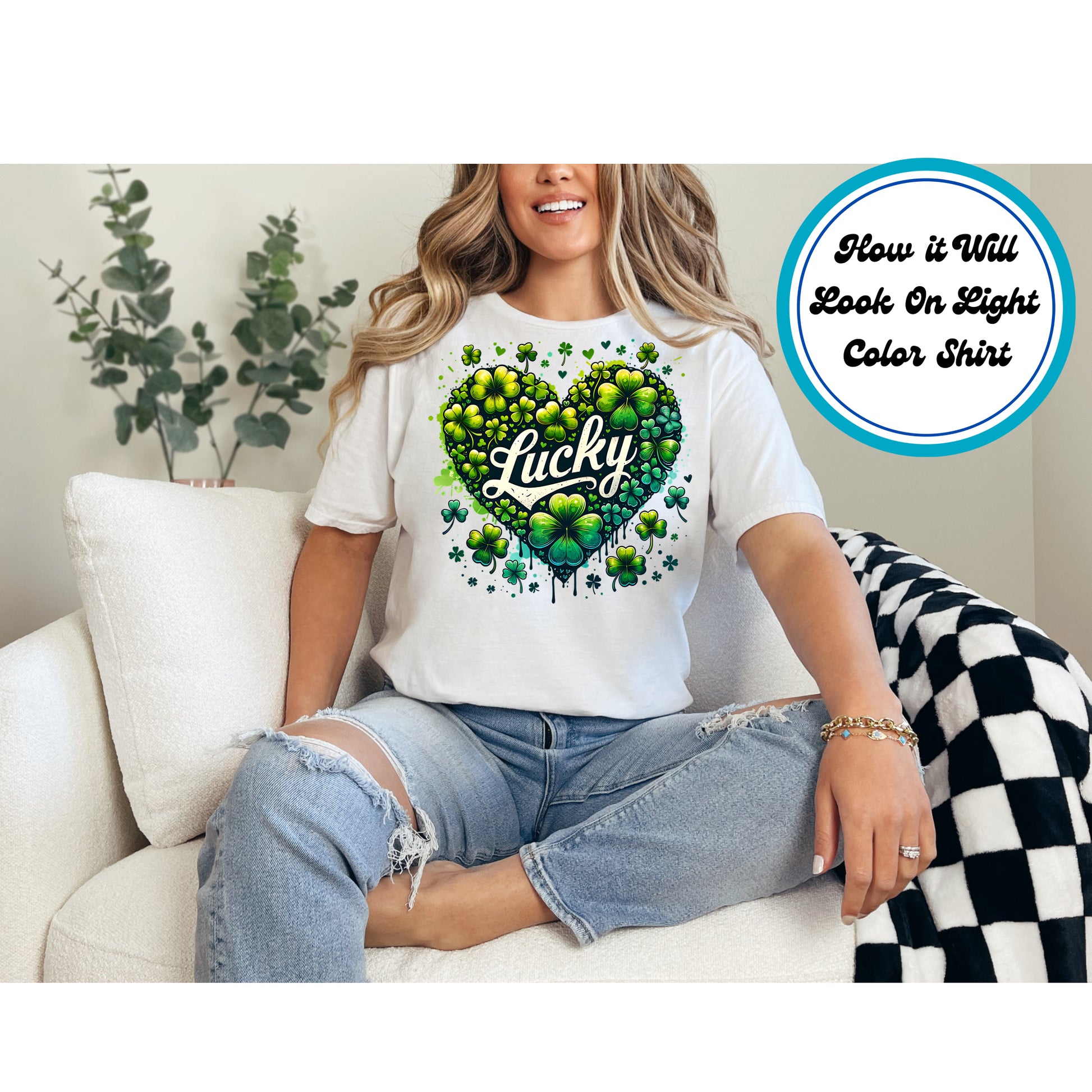 Heart-shaped cluster of green shamrocks with "Lucky" text.