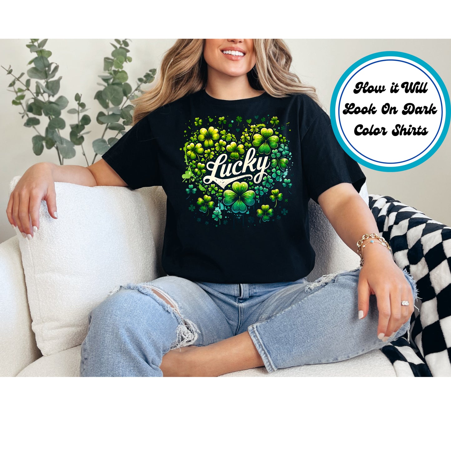 Heart-shaped cluster of green shamrocks with "Lucky" text.