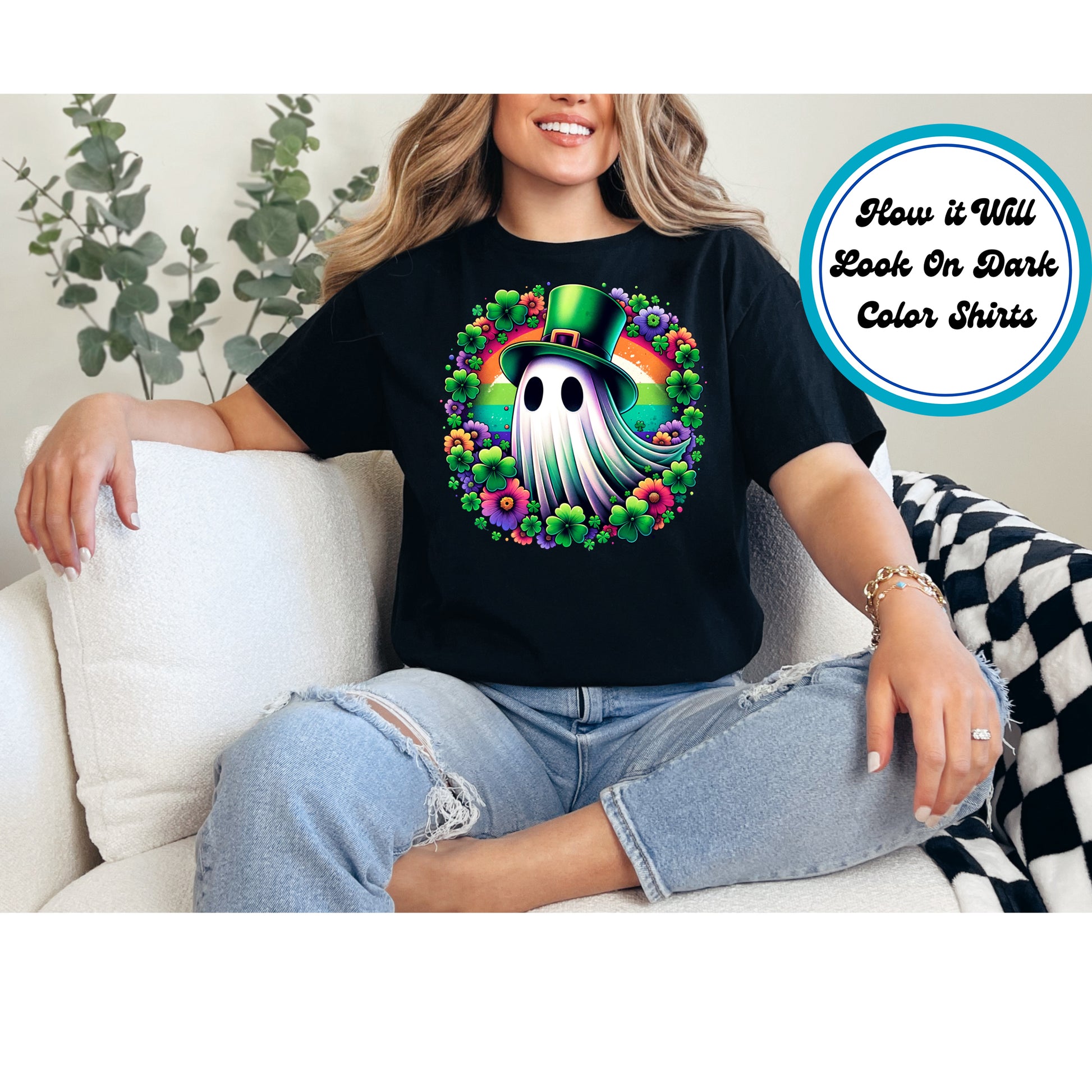 Ghost wearing a leprechaun hat, surrounded by shamrocks, flowers, and a rainbow.