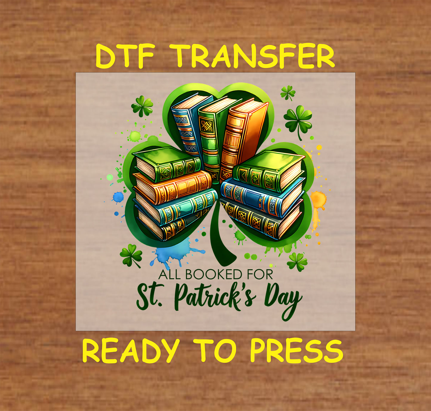 Clover made of stacked books with "All Booked for St. Patrick’s Day" text.