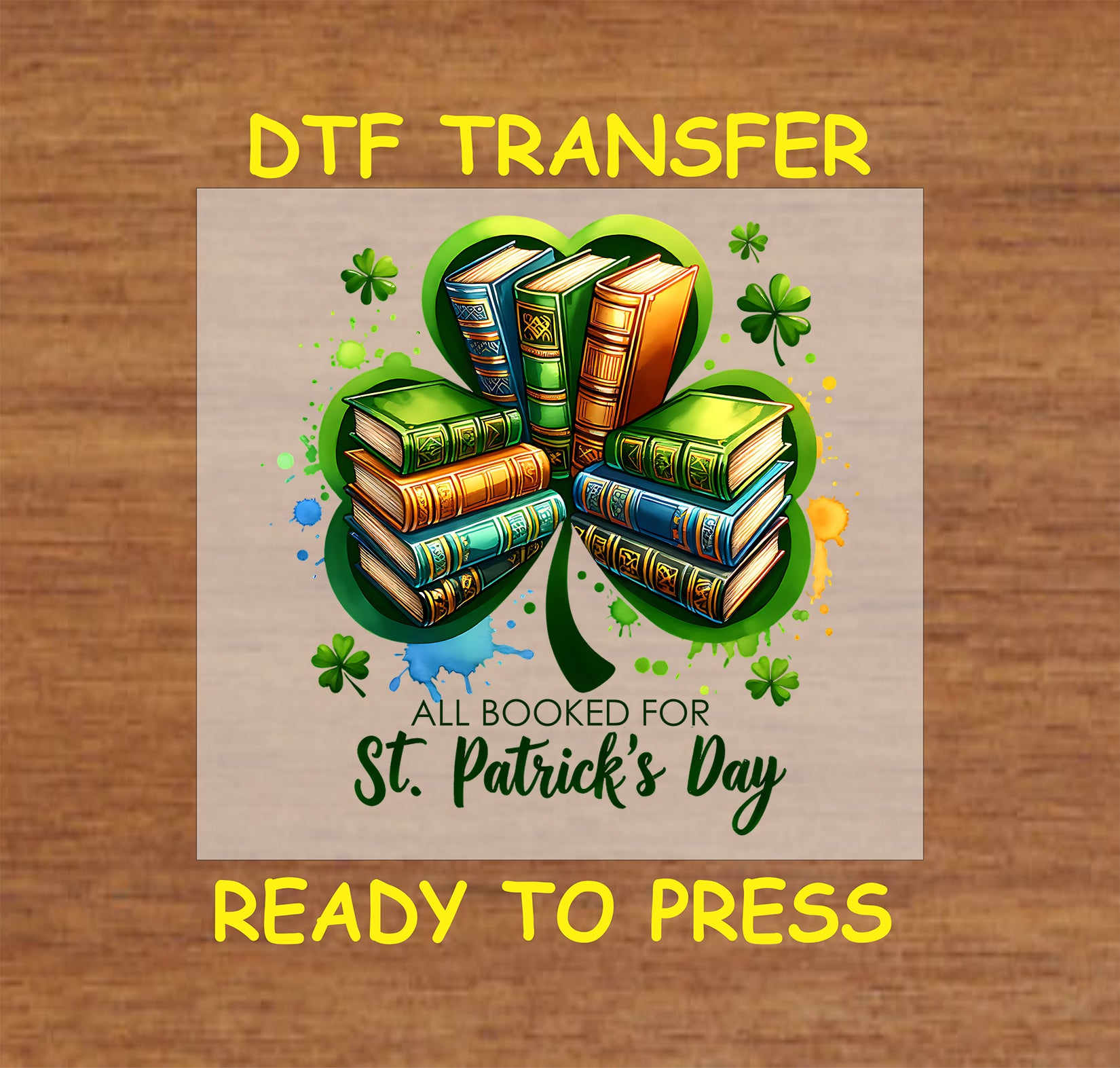 Clover made of stacked books with "All Booked for St. Patrick’s Day" text.