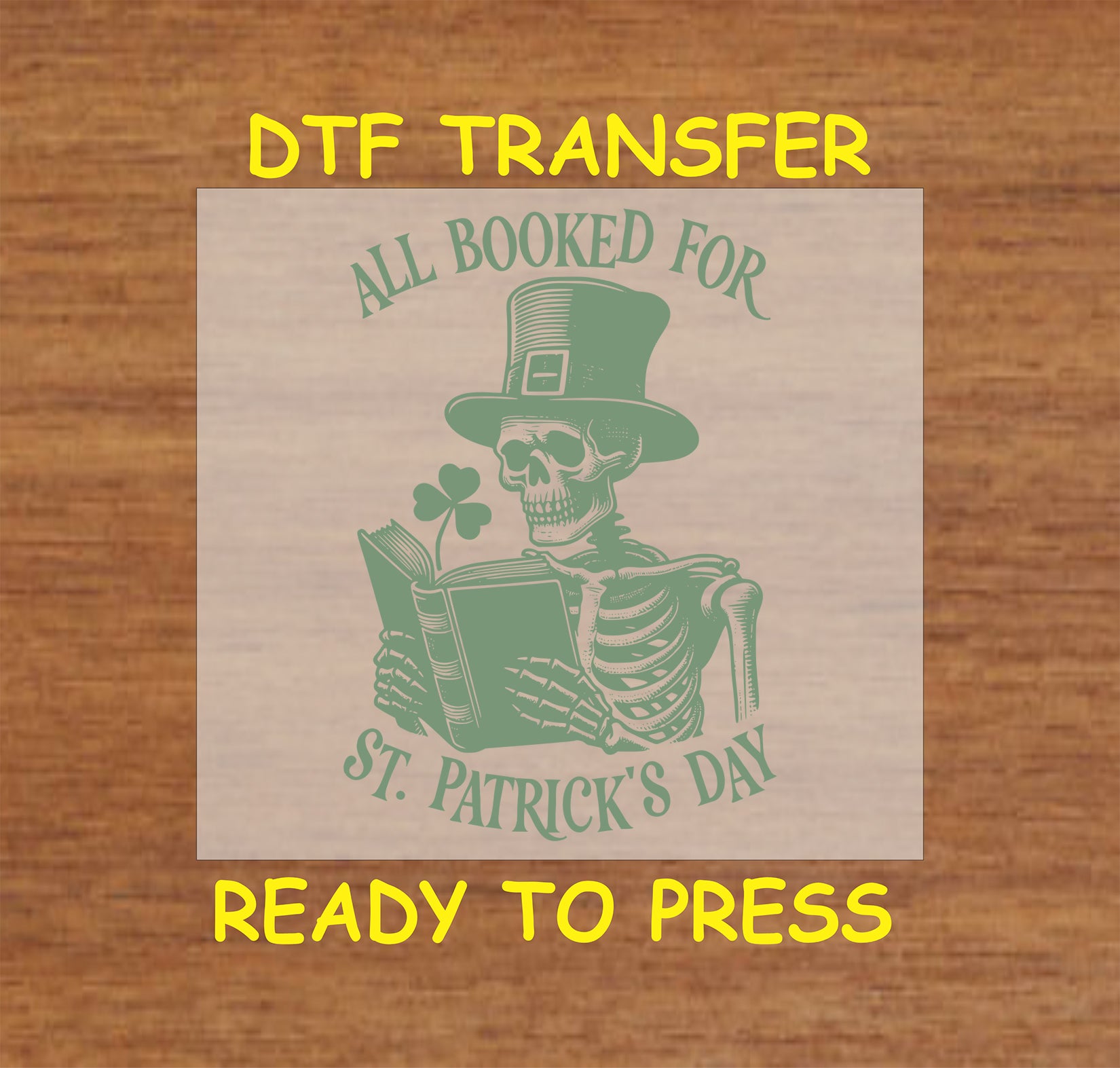 Skeleton in a leprechaun hat reading a book with "All Booked for St. Patrick’s Day" text.