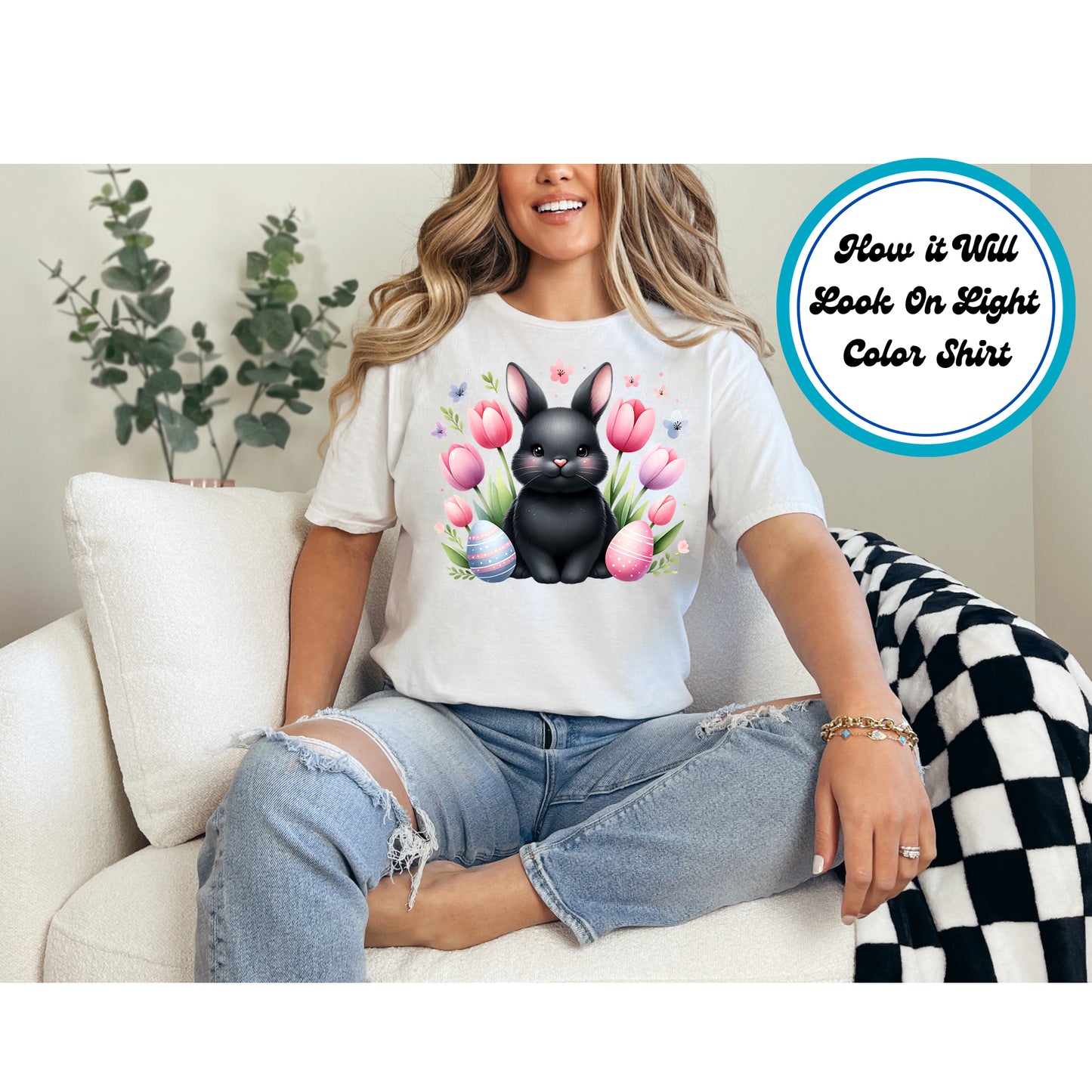 Easter DTF Transfer Iron On Heat Transfer - Ready to Press, Black Bunny with Tulips DTF Transfer | Ready to Press | Easter Design 4563